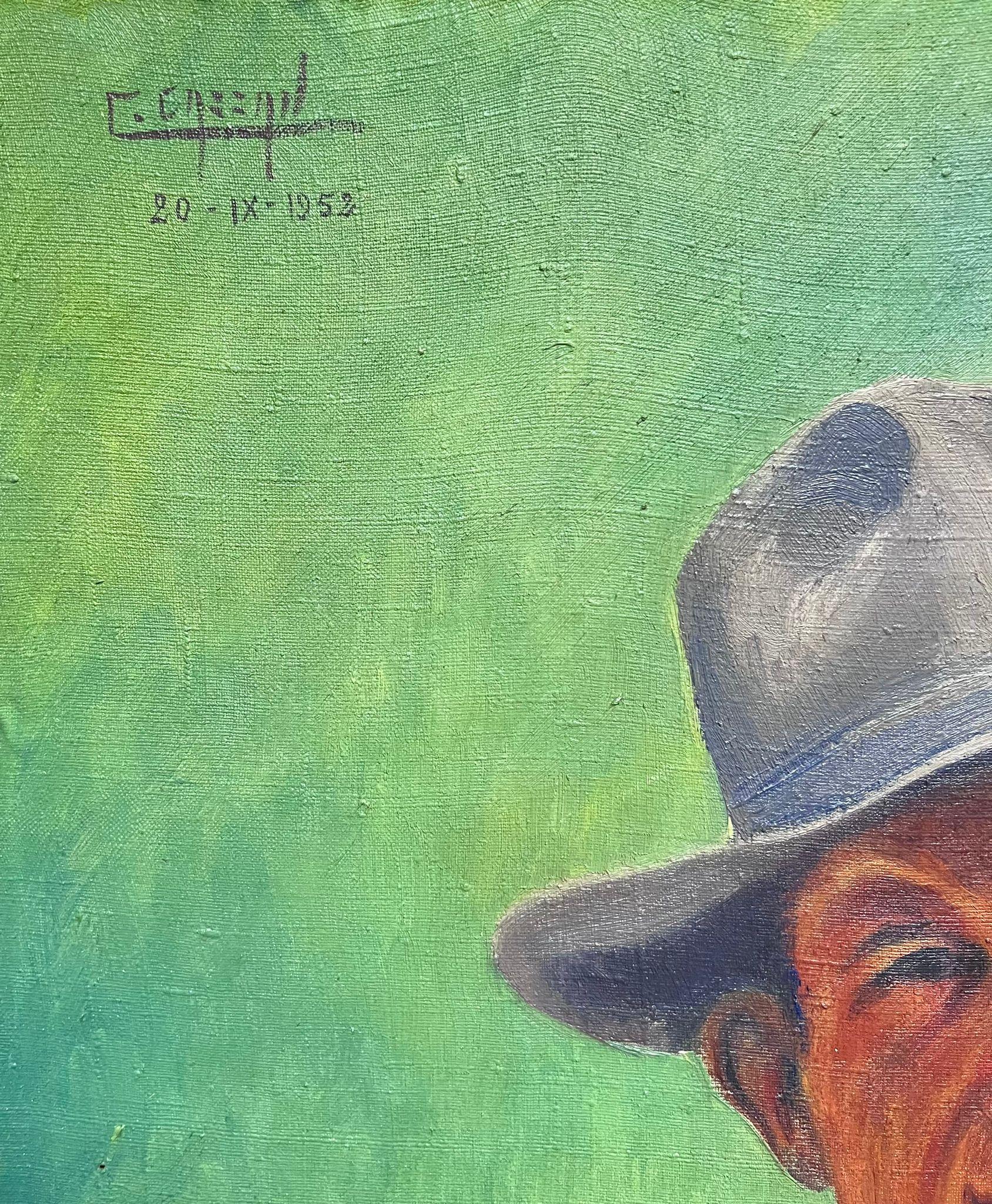 1950's Self-Portrait des Künstlers in Hut Französisch signiert Ölgemälde auf Leinwand im Angebot 1