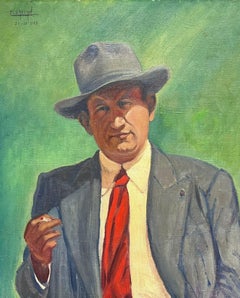 1950 Autorretrato del artista con sombrero Pintura al óleo sobre lienzo firmada en francés