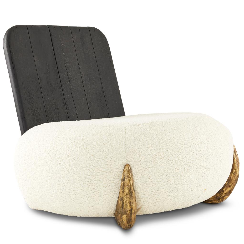 Modern Cold Cast Bronze, Shou Sugi Ban African Mahogany & Boucle Sherpa Lounge Chair For Sale