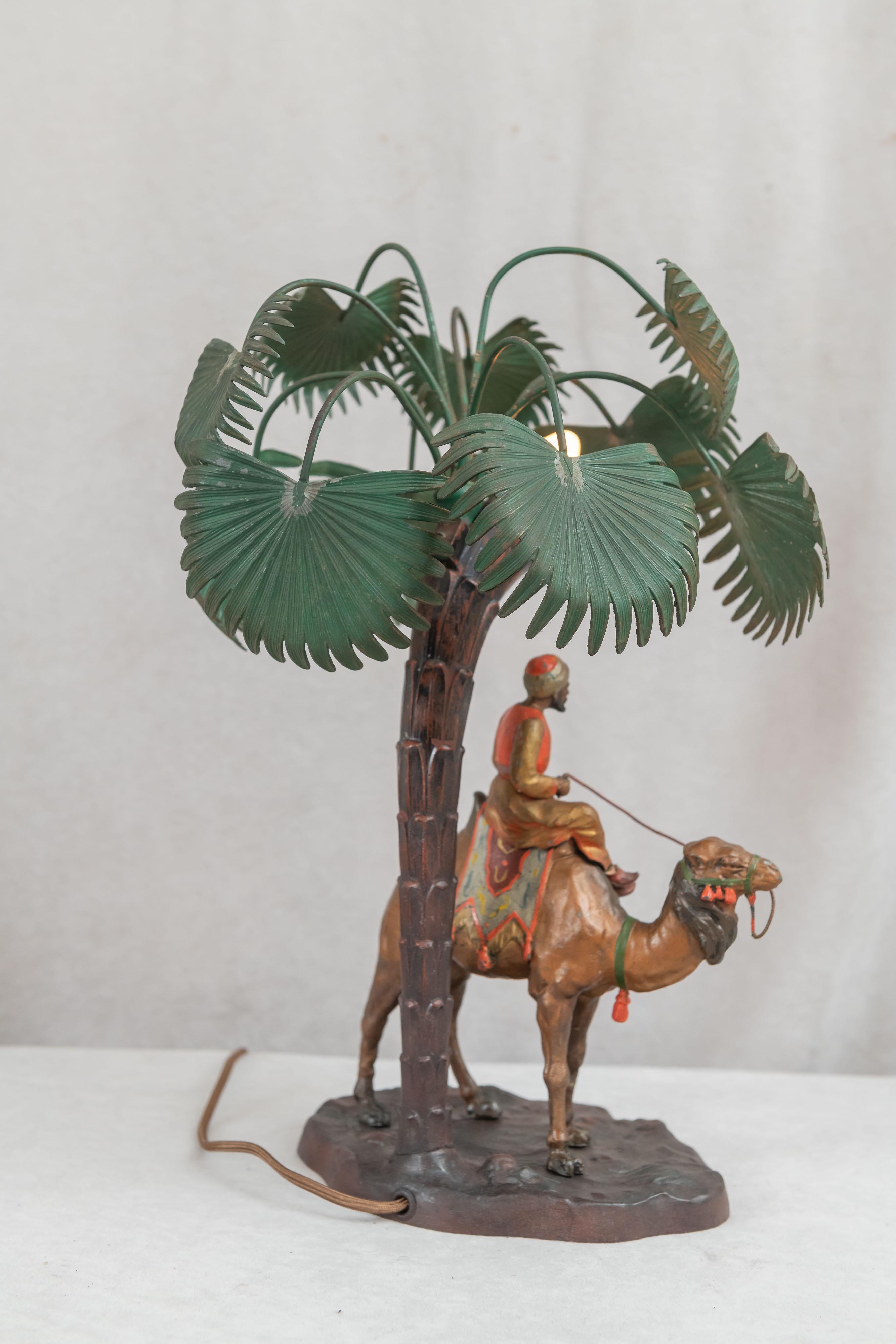 Cold Painted Austrian Orientalist Lamp, Rider on Camel w/ Palm Tree, ca. 1920 2