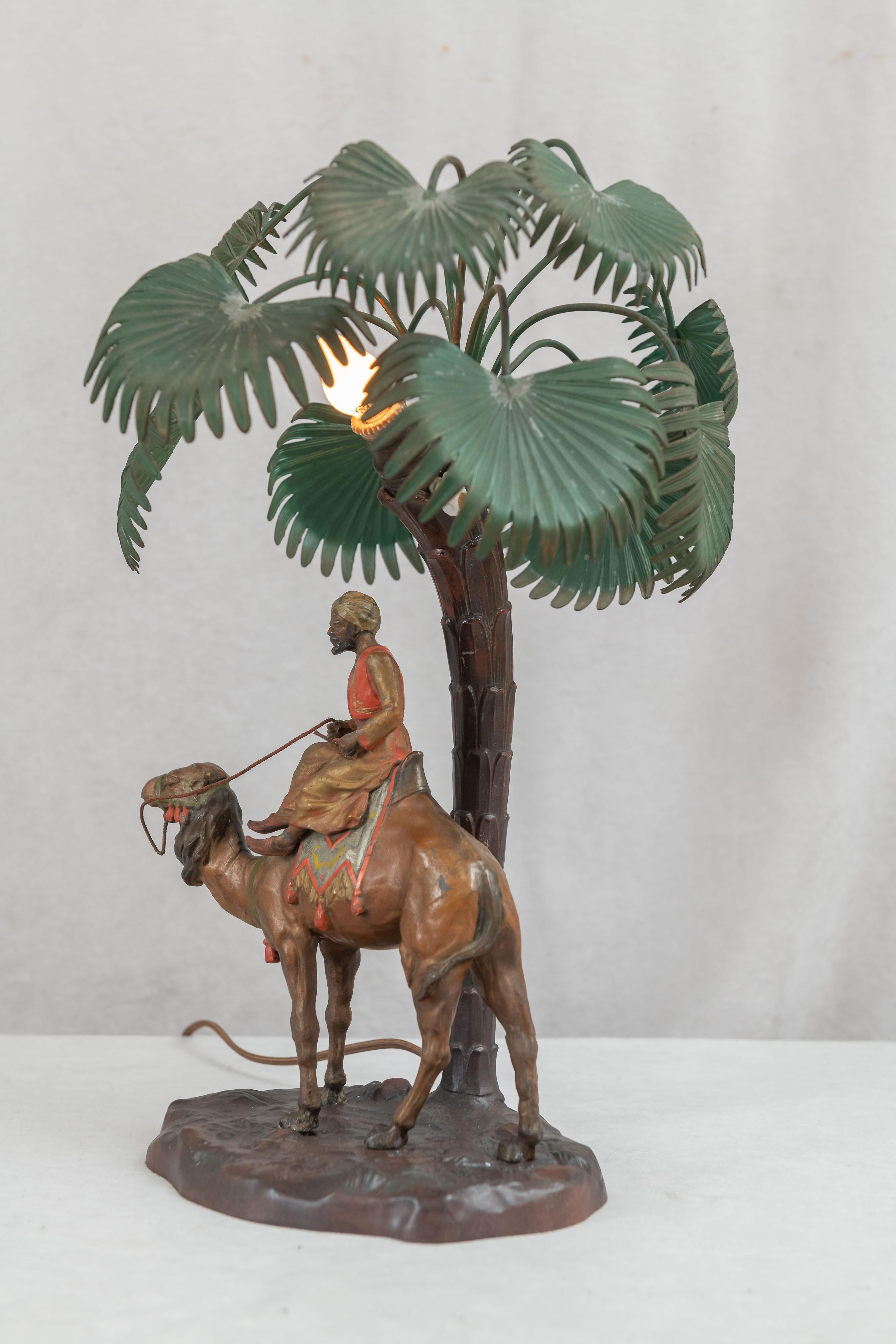 Cold Painted Austrian Orientalist Lamp, Rider on Camel w/ Palm Tree, ca. 1920 4