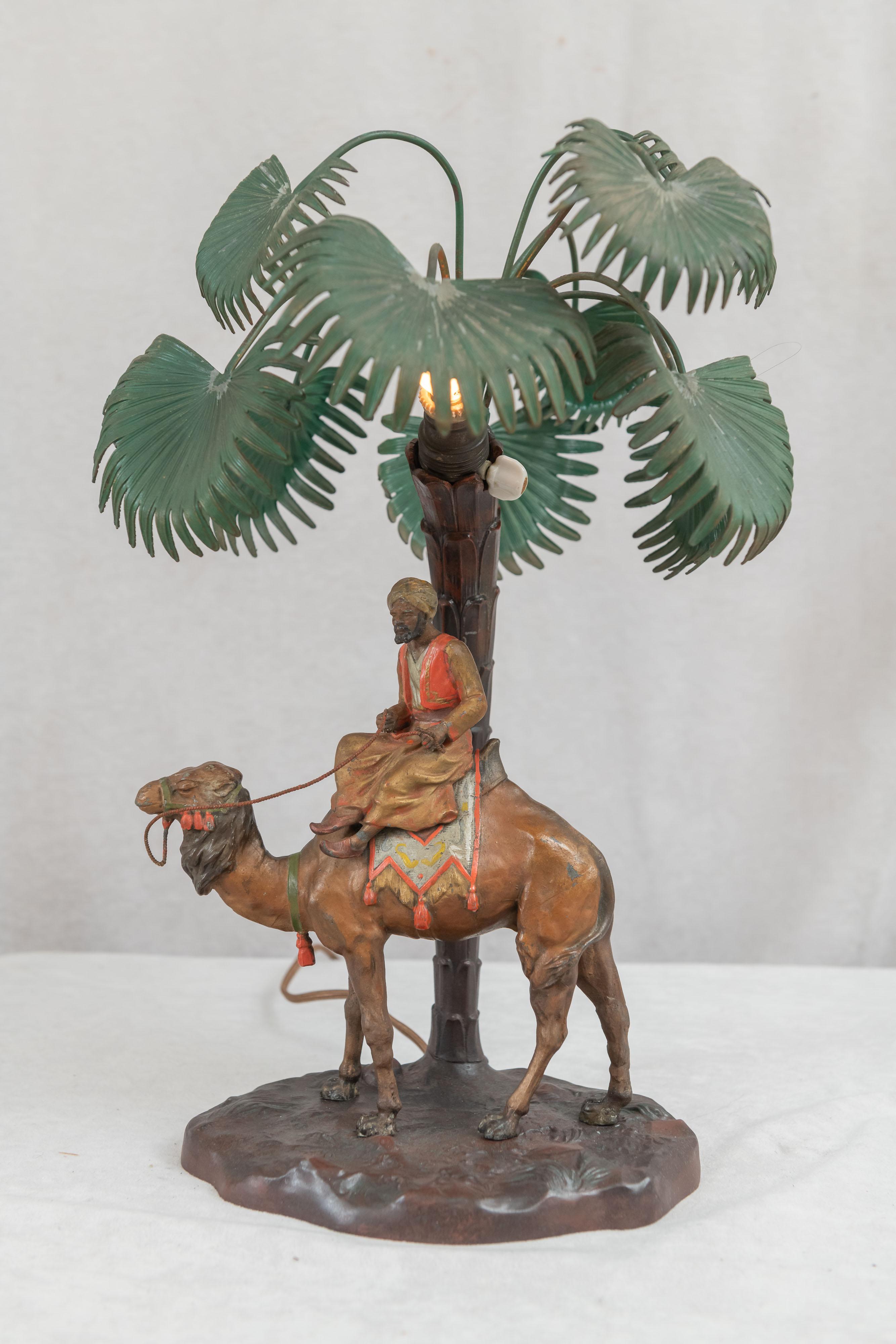 Moorish Cold Painted Austrian Orientalist Lamp, Rider on Camel w/ Palm Tree, ca. 1920