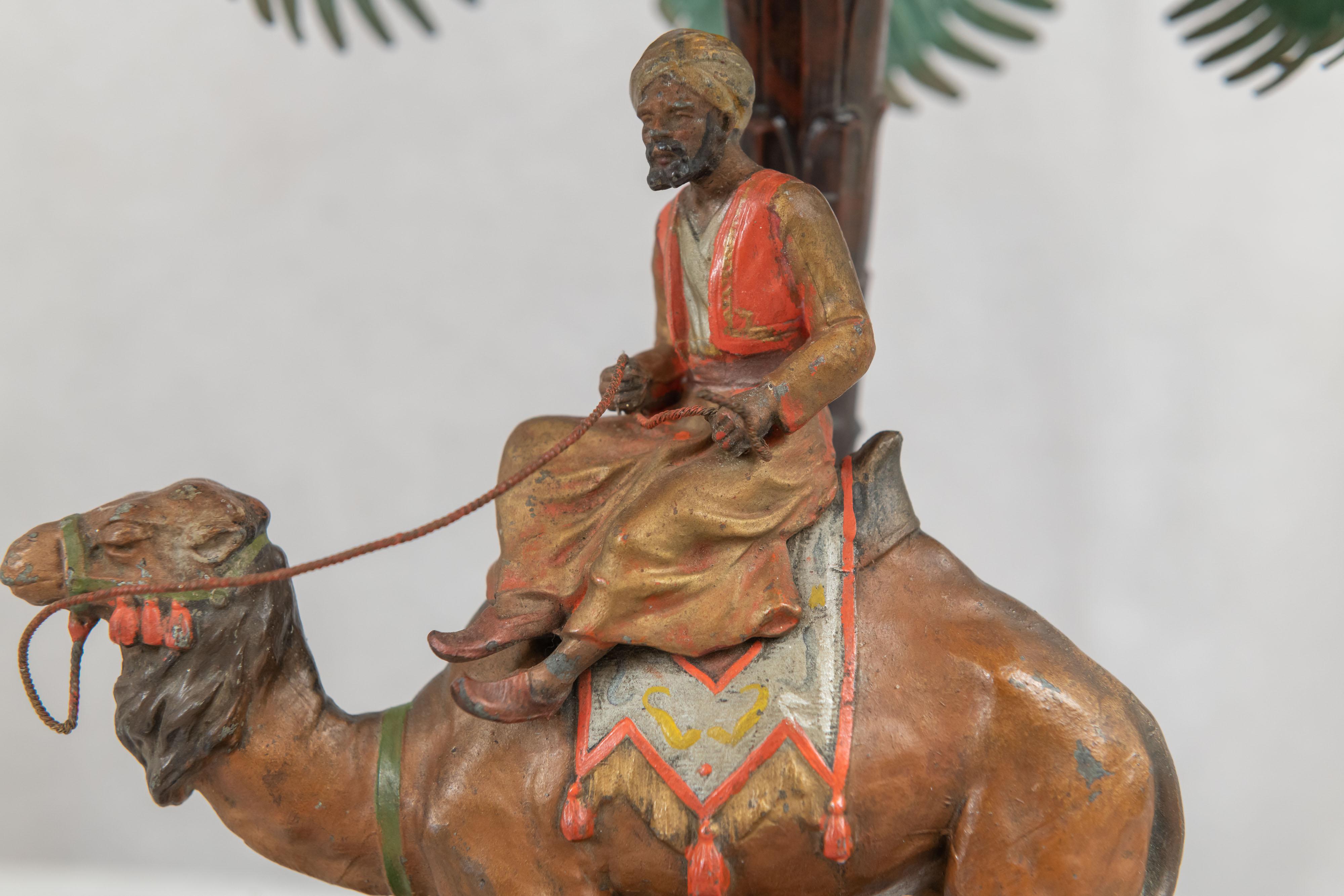 Cold Painted Austrian Orientalist Lamp, Rider on Camel w/ Palm Tree, ca. 1920 In Good Condition In Petaluma, CA