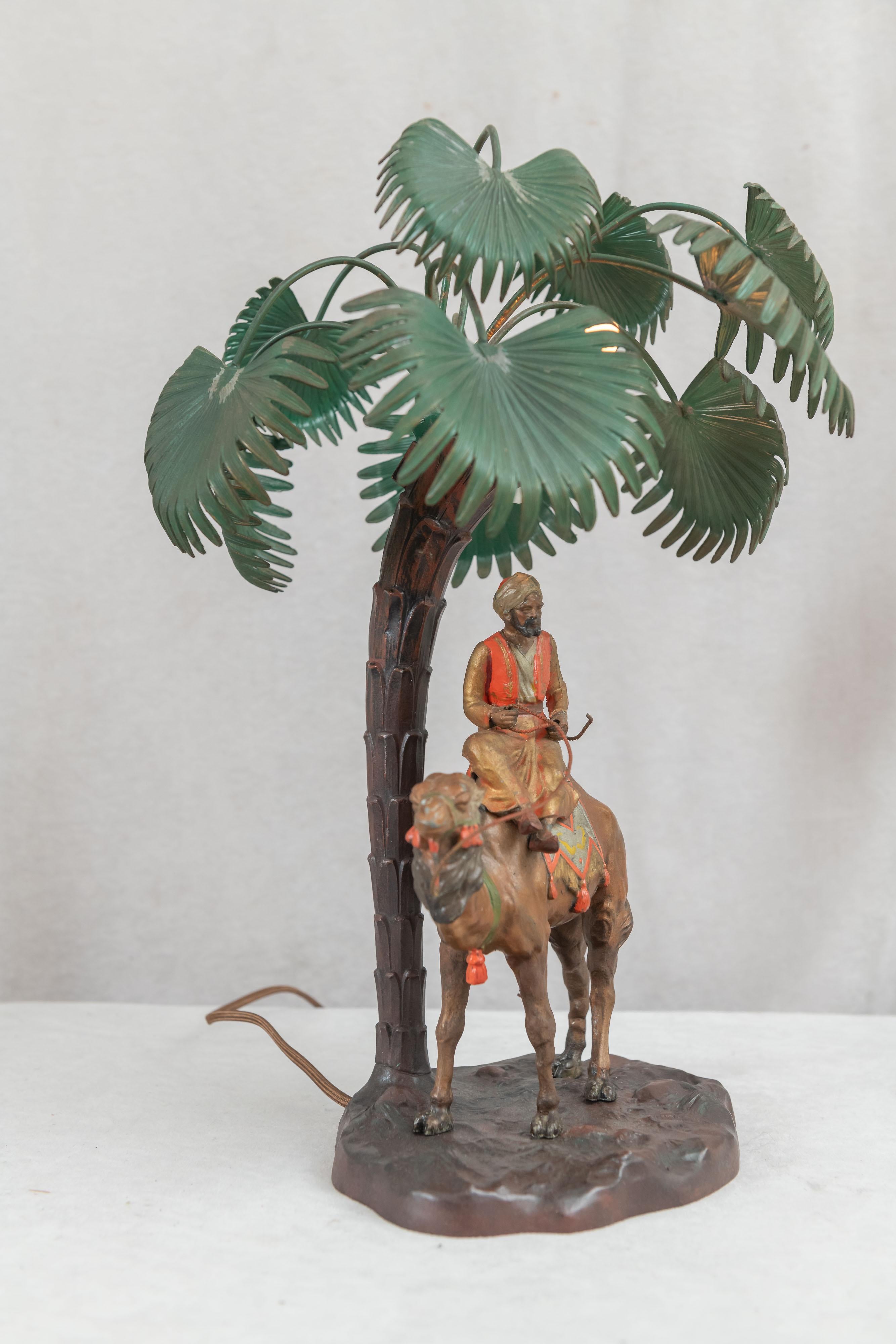 Early 20th Century Cold Painted Austrian Orientalist Lamp, Rider on Camel w/ Palm Tree, ca. 1920