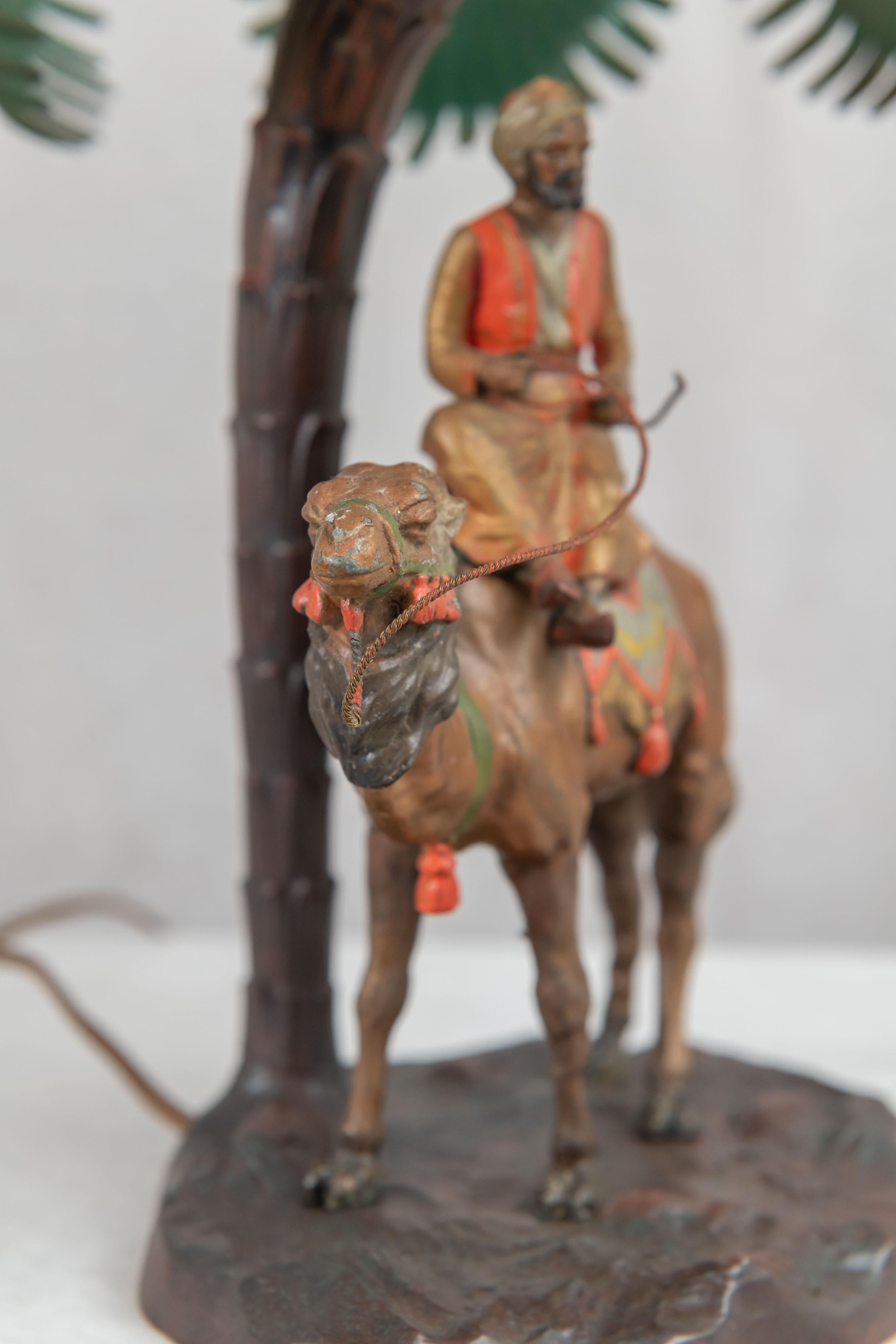 Spelter Cold Painted Austrian Orientalist Lamp, Rider on Camel w/ Palm Tree, ca. 1920