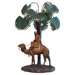 Cold Painted Austrian Orientalist Lamp, Rider on Camel w/ Palm Tree, ca. 1920