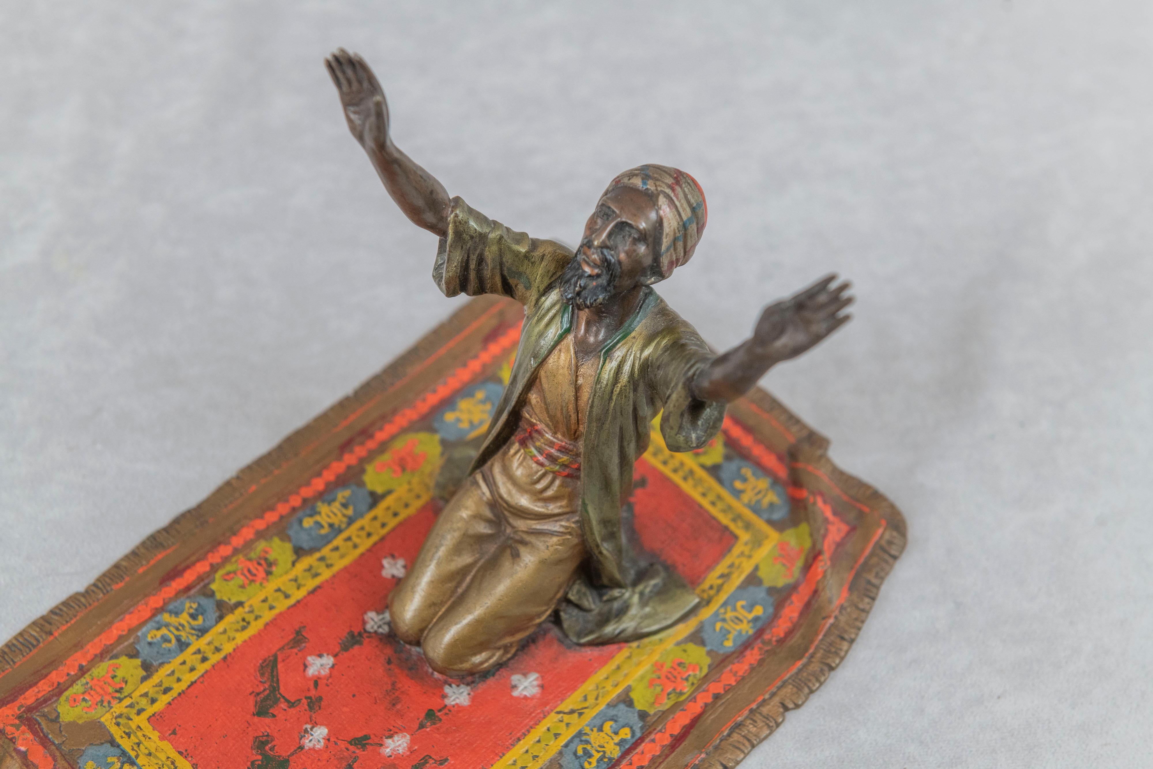 Cold-Painted Cold Painted Austrian Orientalist Man on Rug in Prayer, Bergmann, ca. 1915 For Sale