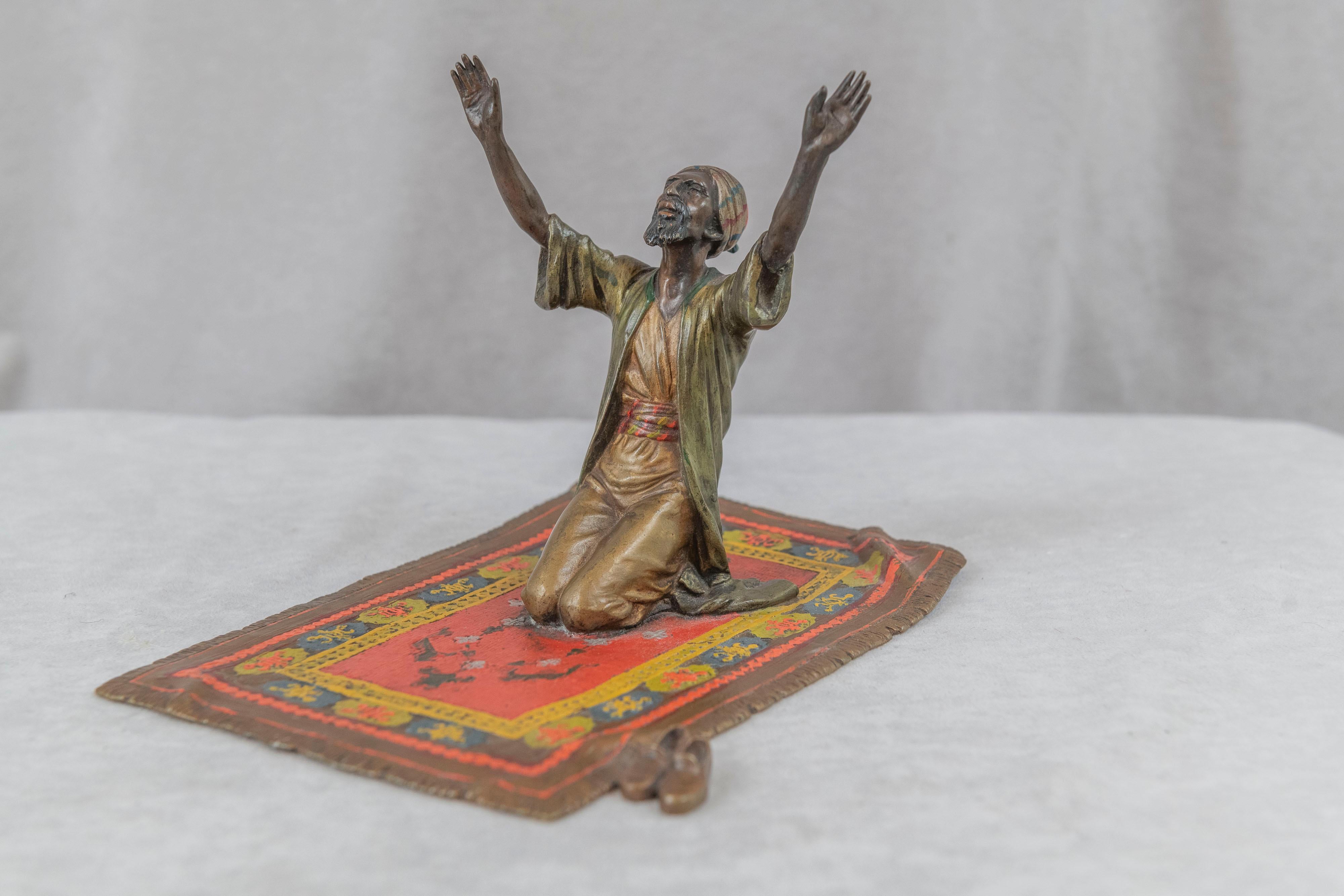 Cold Painted Austrian Orientalist Man on Rug in Prayer, Bergmann, ca. 1915 For Sale 1