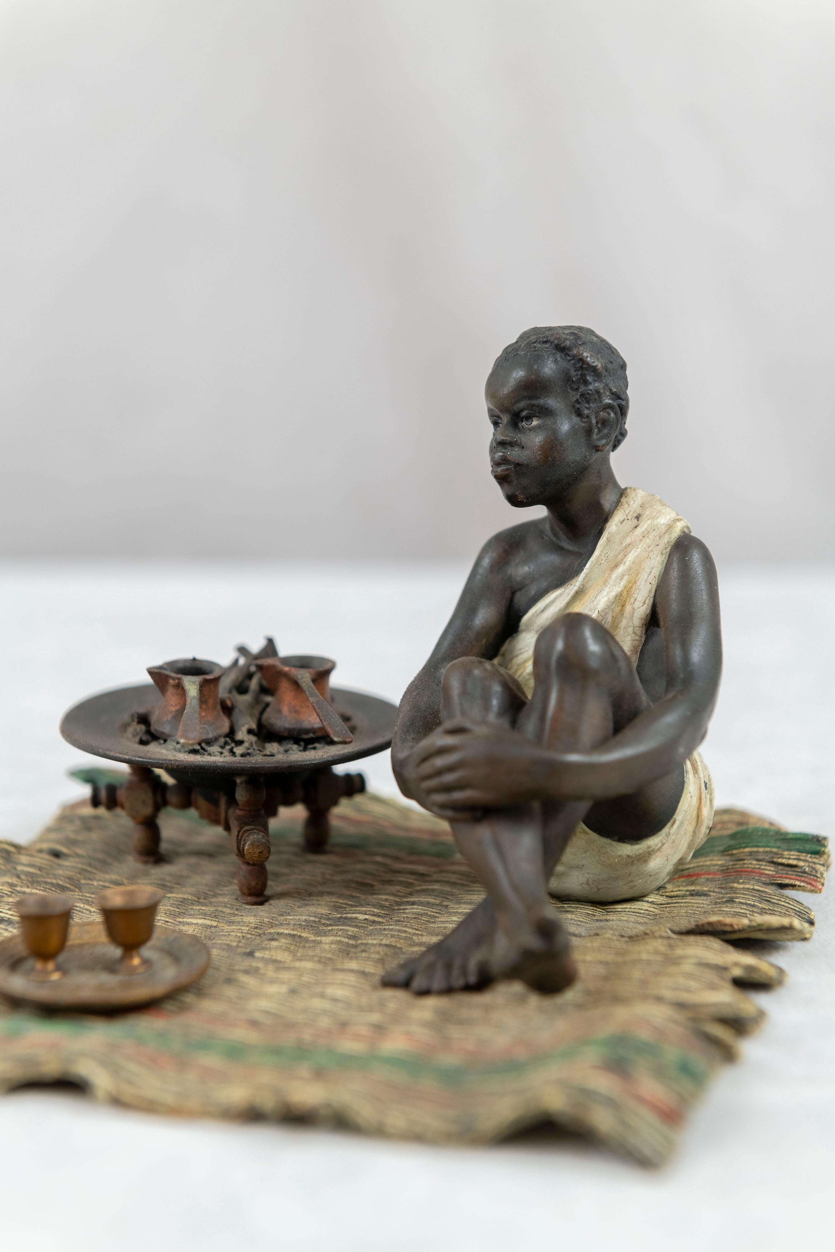Cold Painted Austrian Orientalist Seated Young Boy Cooking, Bergmann Foundry For Sale 3