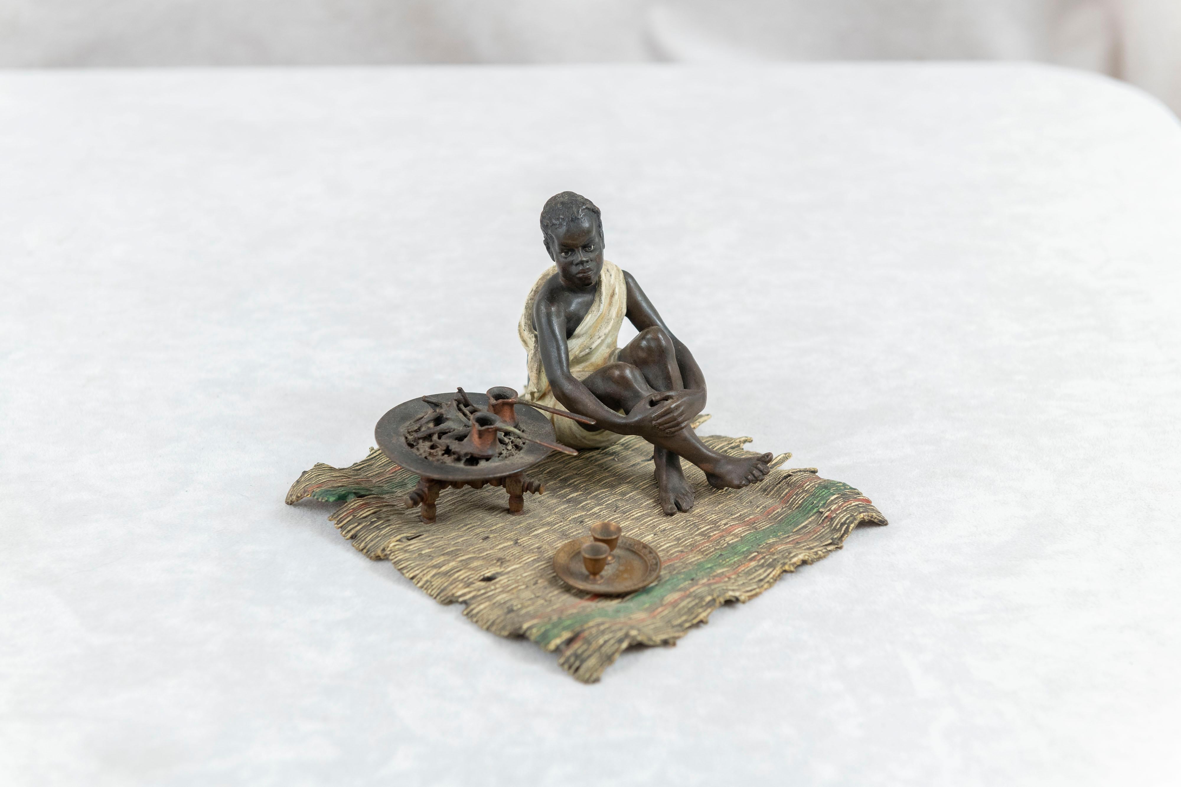 Other Cold Painted Austrian Orientalist Seated Young Boy Cooking, Bergmann Foundry For Sale