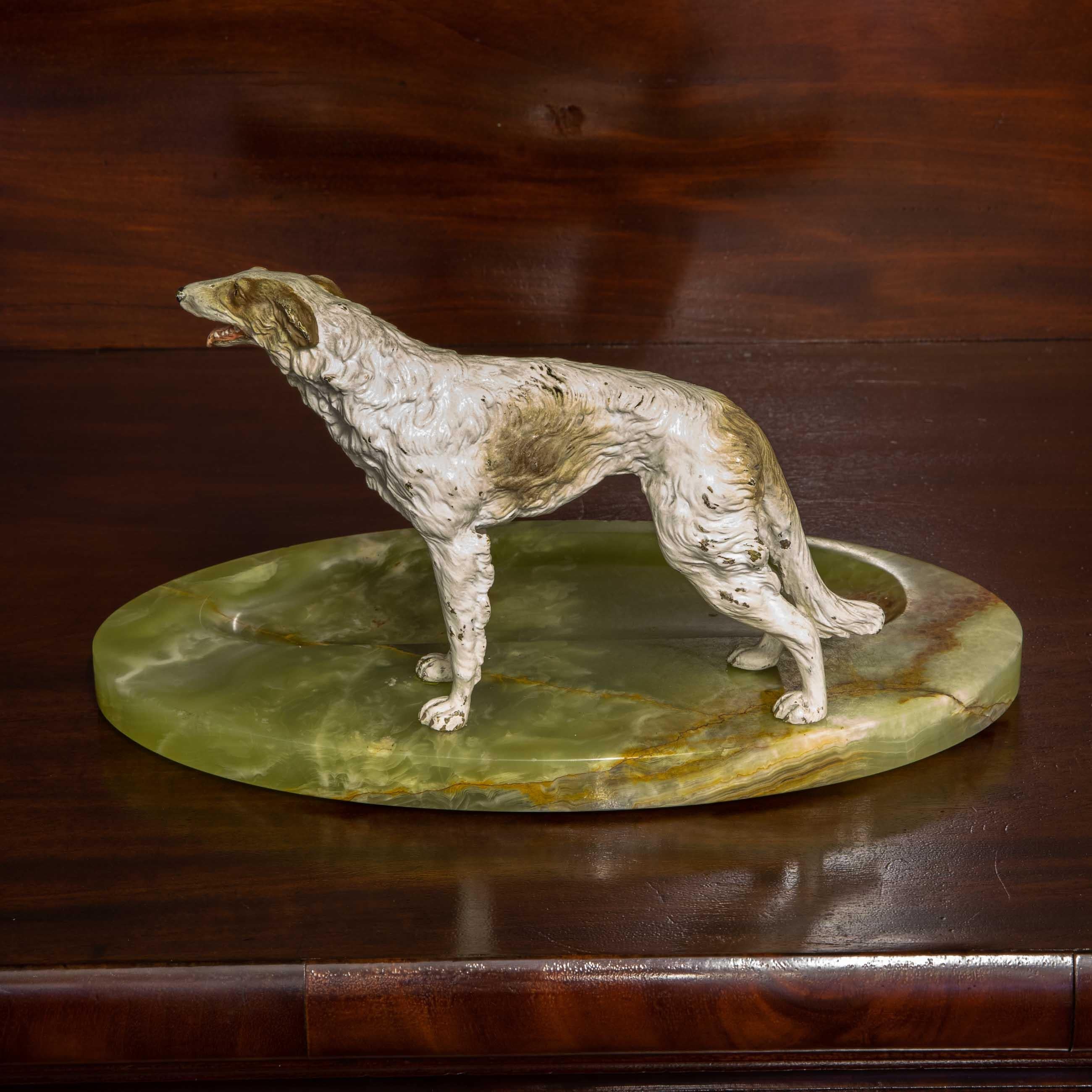 A very good and large cold painted bronze desk companion for pens and pencils. The Borzoi us also known as a Russian wolfhound and is in superb condition, as is it's dished onyx base. Business cards or a bon bon dish this piece is very attractive