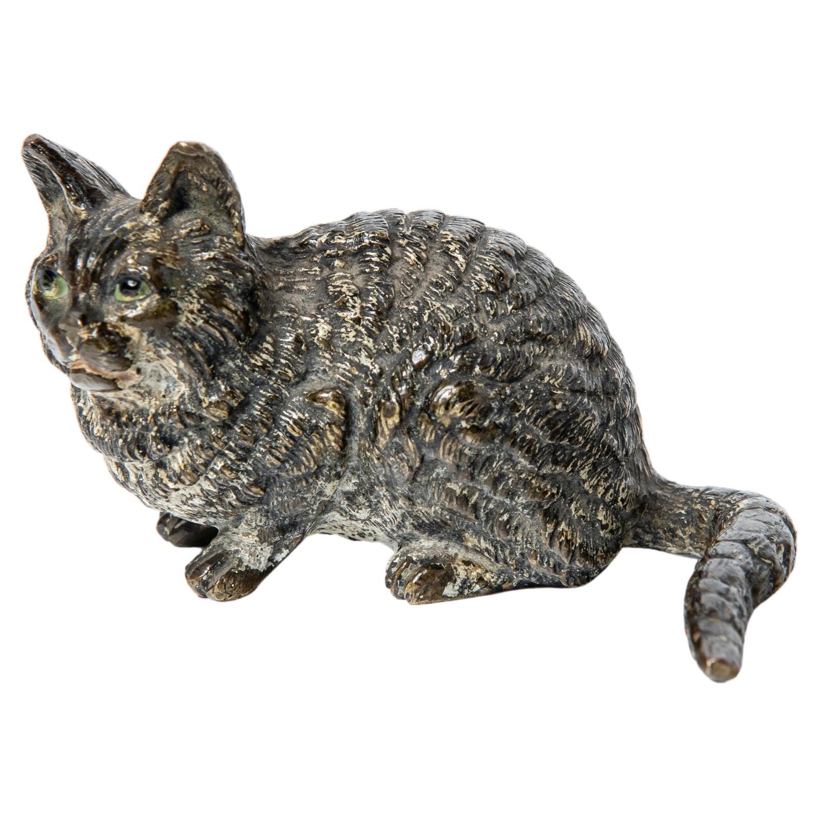 Cold-painted bronze cat sculpture signed Geschützt. Austria, early 20th century For Sale