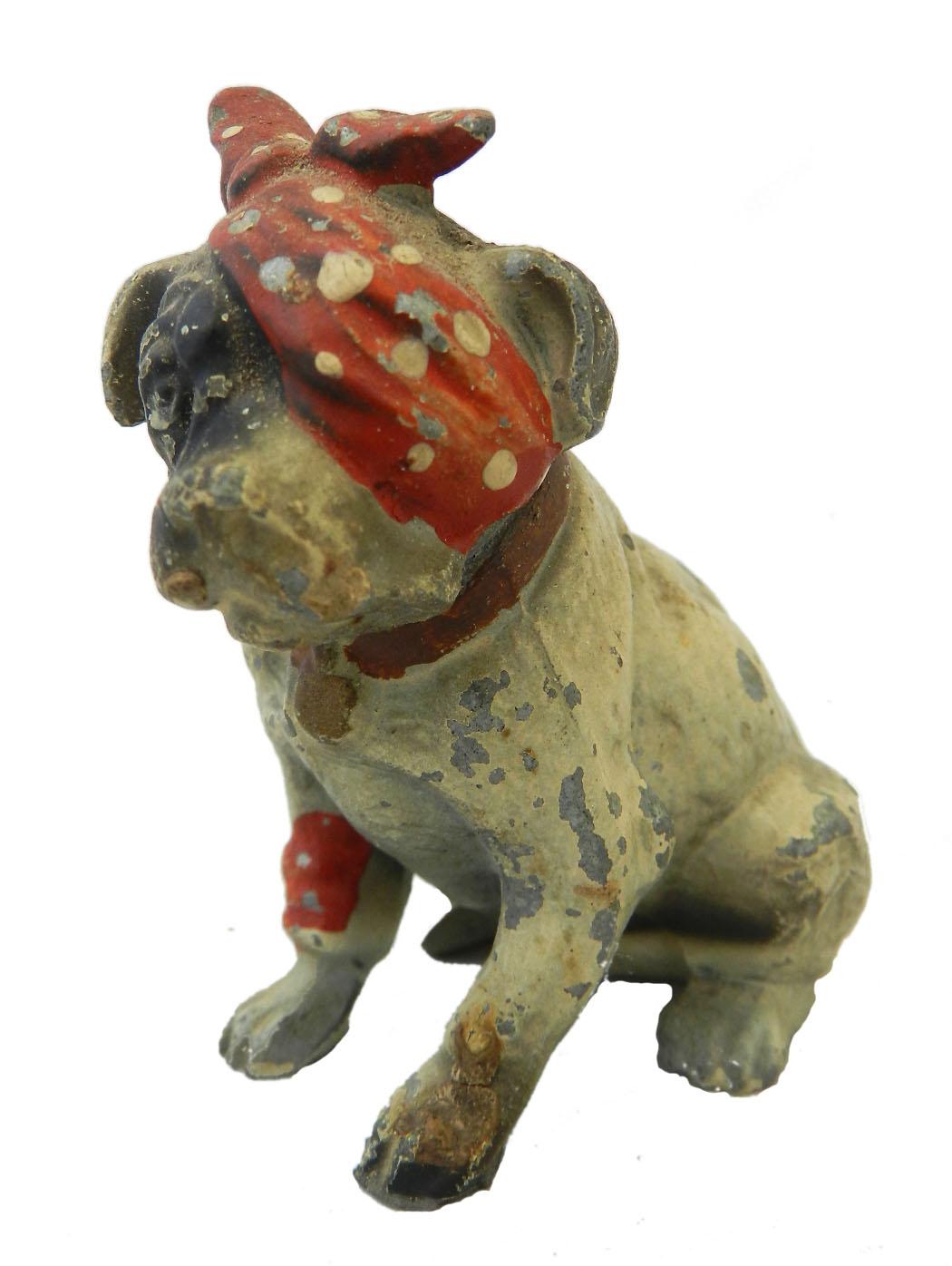 Austrian cold painted metal model of a dog late early 20th century
Most likely a bull terrier puppy feeling a bit sorry for himself.... having 'been in the wars'!!
Marked Austria underneath
Absolutely charming gloriously distressed
The original