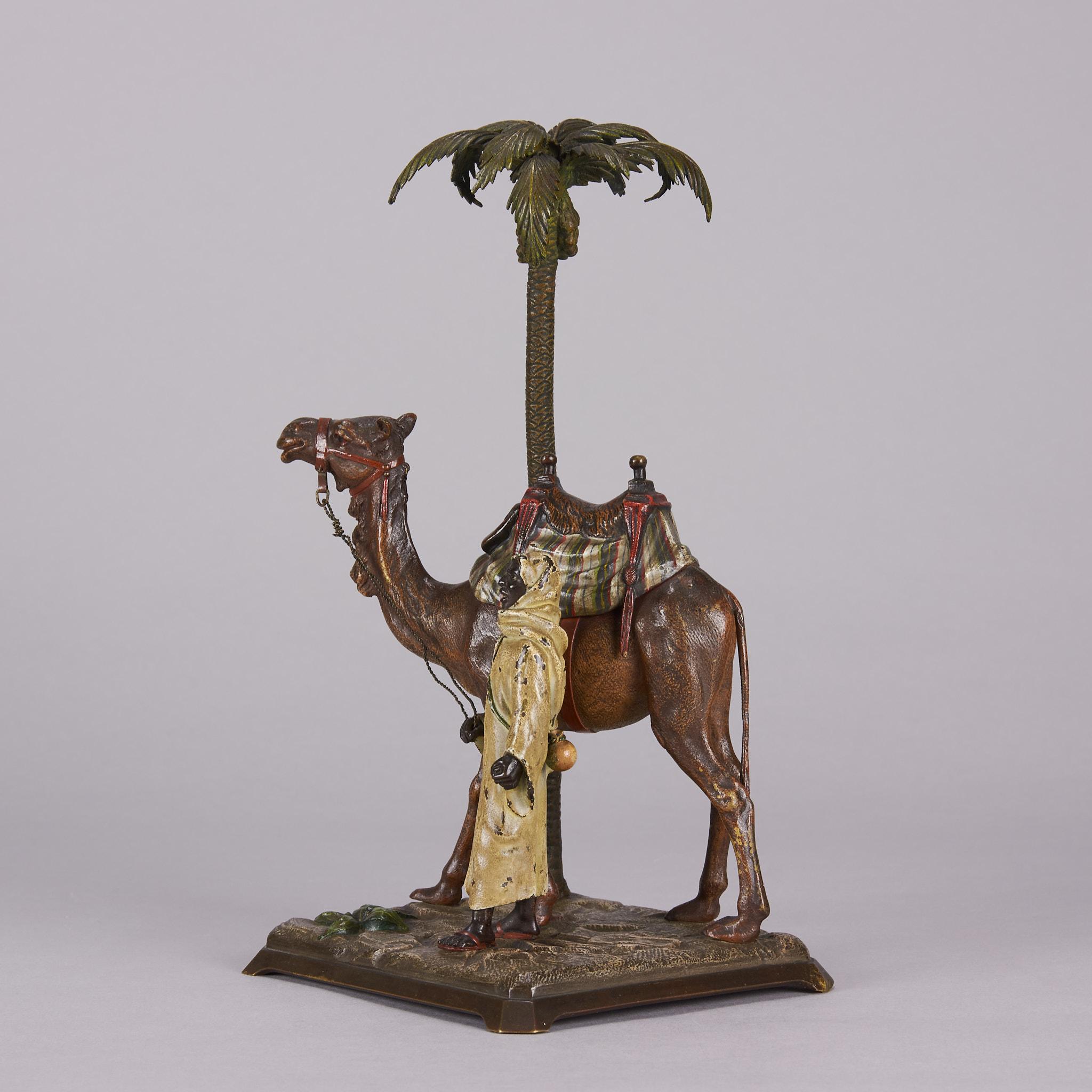 Bronze peint à froid intitulé « Bedouin with Camel under Palm Tree » (Bedouin avec camel sous palmier) par Bergman en vente 3
