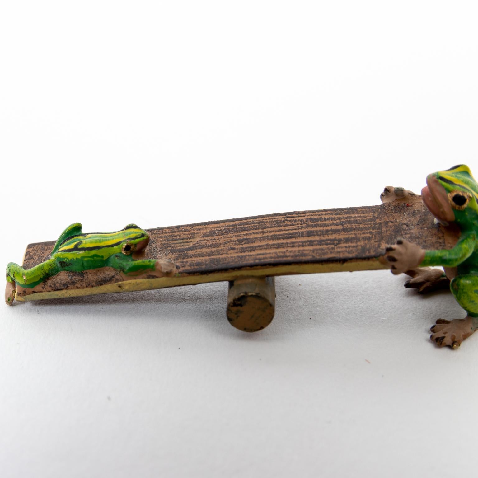 Cold-Painted Cold Painted Bronze Franz Pergman Frogs on Seesaw For Sale