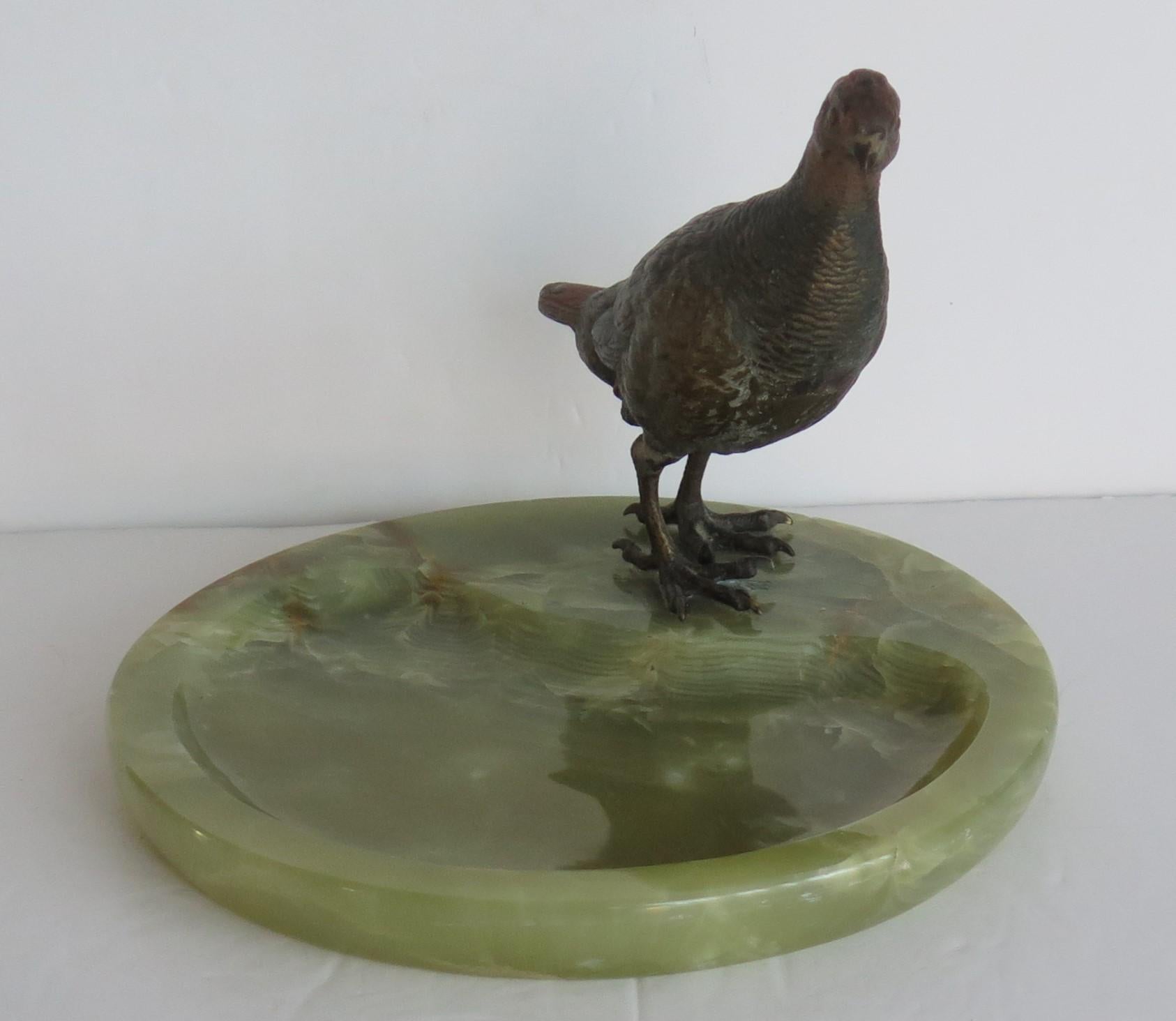 Hand-Crafted Bronze Partridge sculpture figure cold painted on Onyx Base, Art Deco Circa 1930