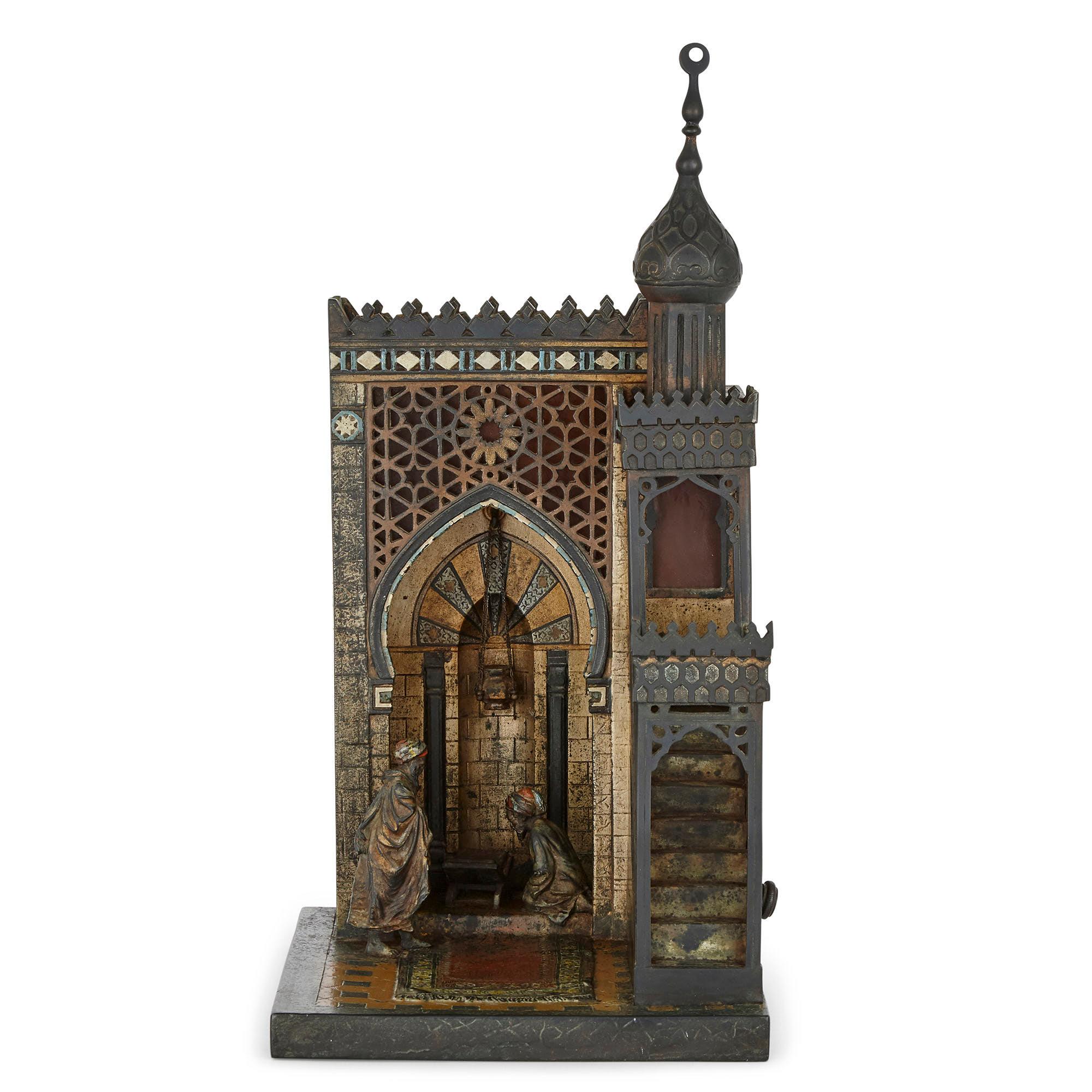Cold-painted bronze Orientalist lamp by Anton Chotka
Austrian, circa 1900
Measures: Height 37cm, width 18cm, depth 21cm

This wonderful lamp is an exceptional example of Viennese cold-painted bronze and an evocative piece of Austrian