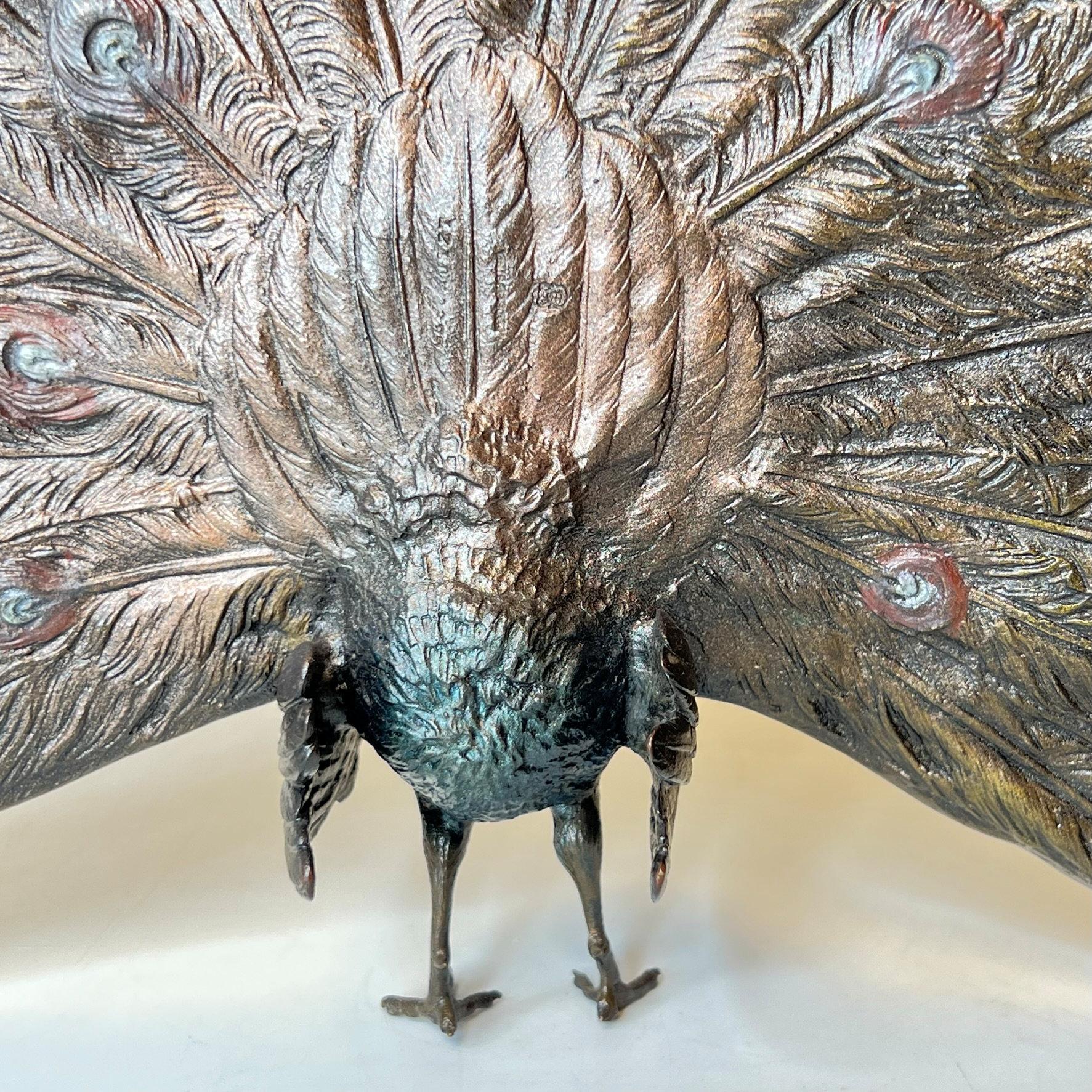 Cold-Painted Bronze Peacock Sculpture by Franz Bergman at 1stDibs