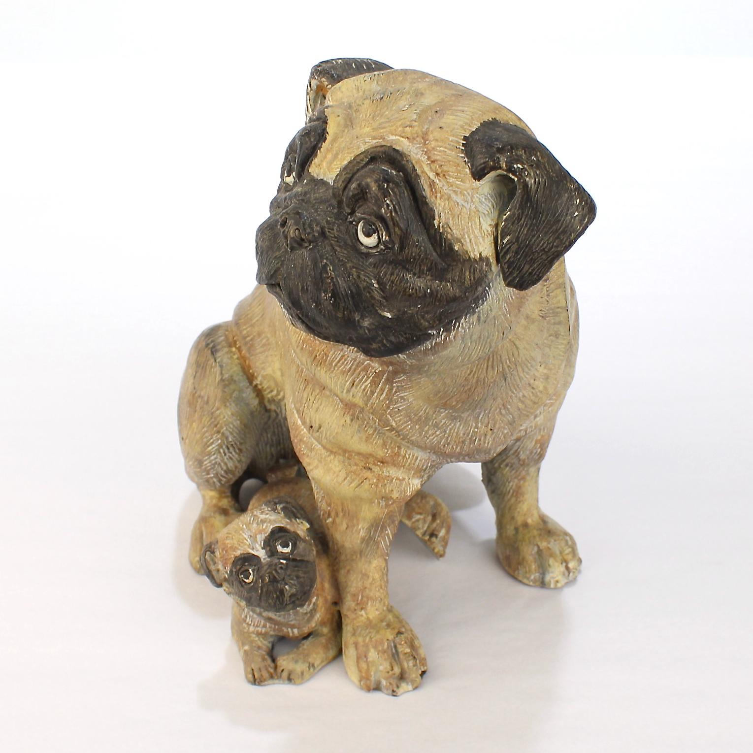 Unknown Cold-Painted Bronze Pug Dog & Puppy Sculpture from the Mario Buatta Collection For Sale