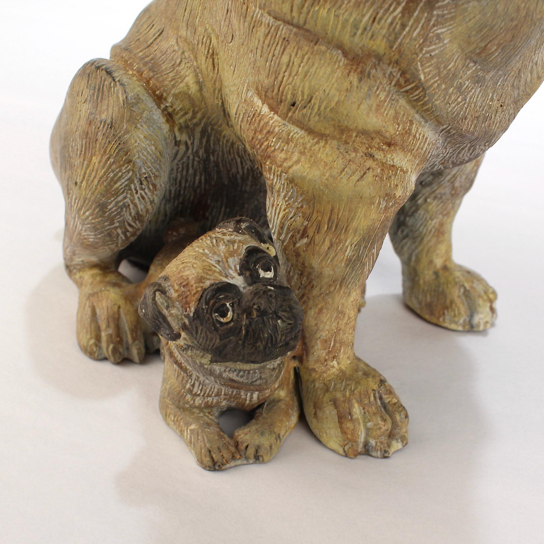 Cold-Painted Bronze Pug Dog & Puppy Sculpture from the Mario Buatta Collection In Good Condition For Sale In Philadelphia, PA