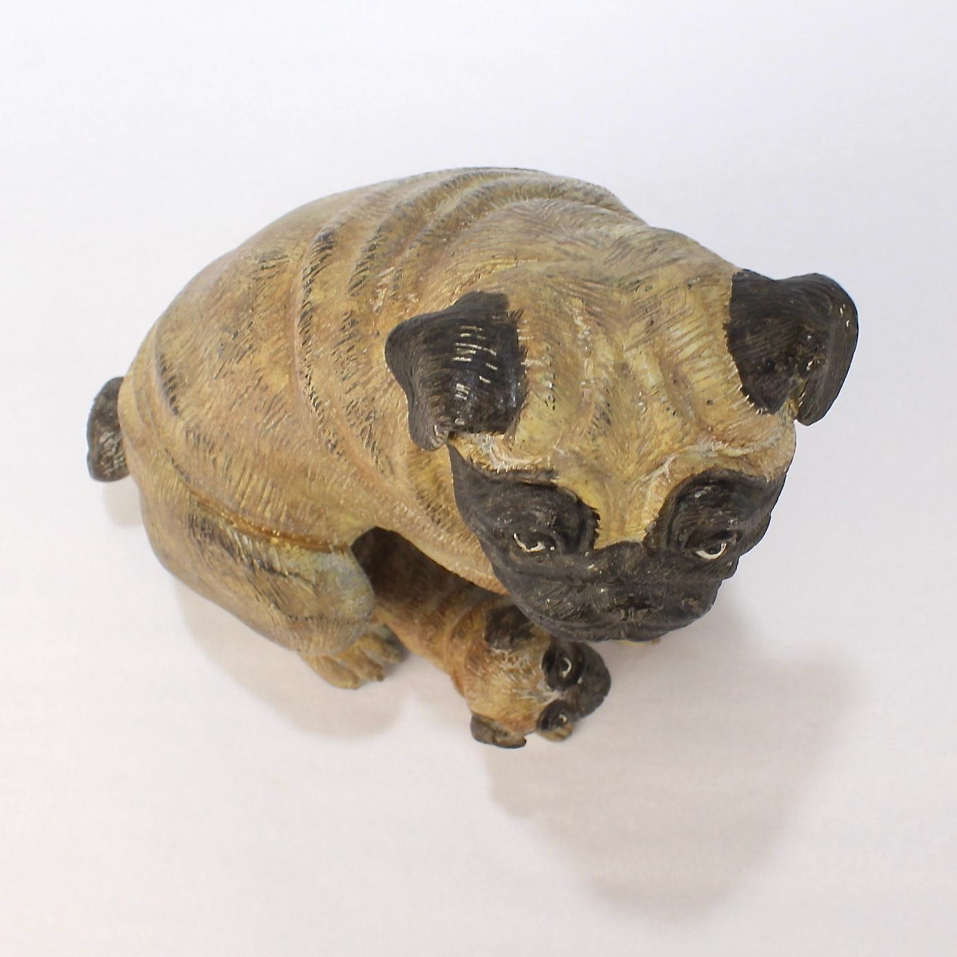 20th Century Cold-Painted Bronze Pug Dog & Puppy Sculpture from the Mario Buatta Collection For Sale