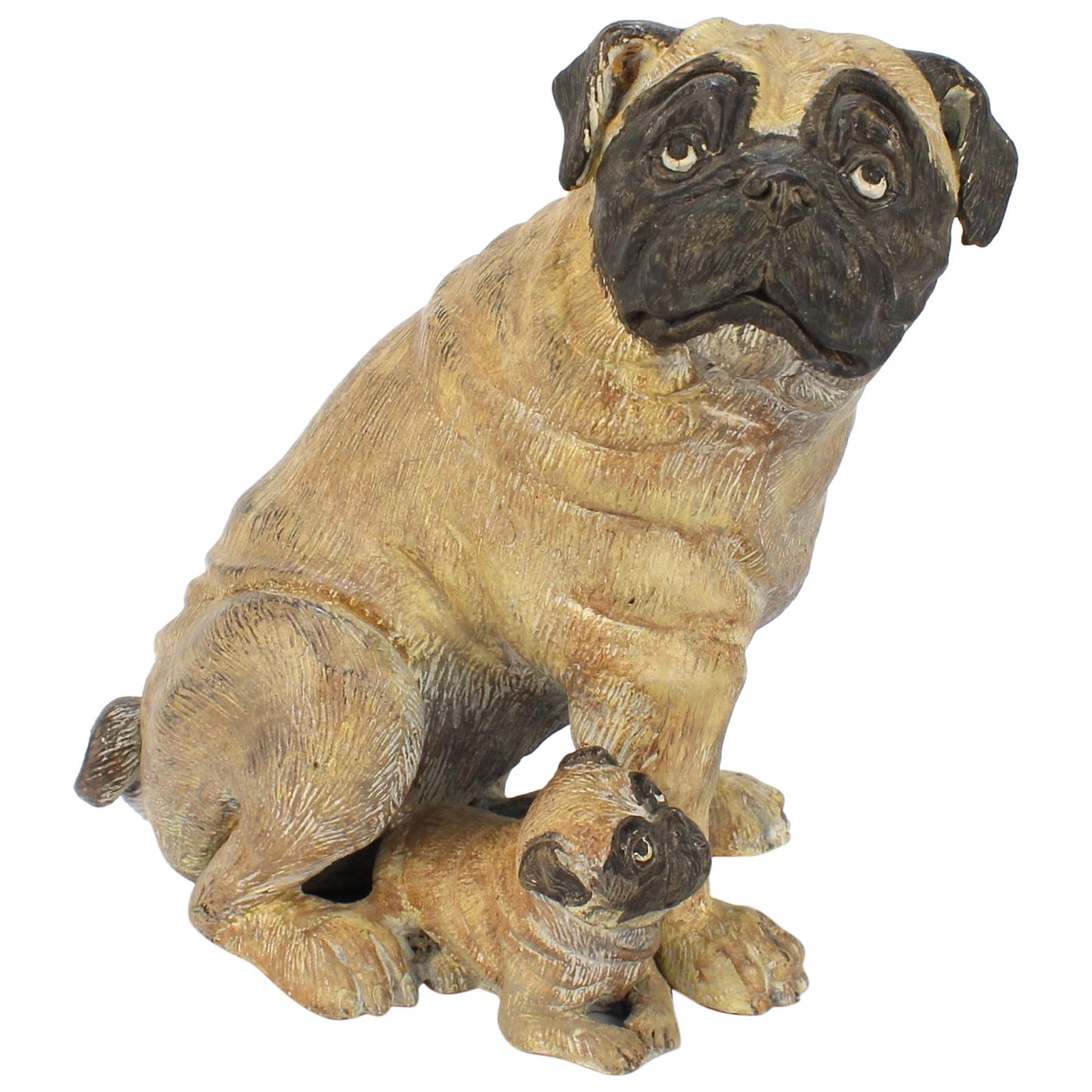 Cold-Painted Bronze Pug Dog & Puppy Sculpture from the Mario Buatta Collection For Sale