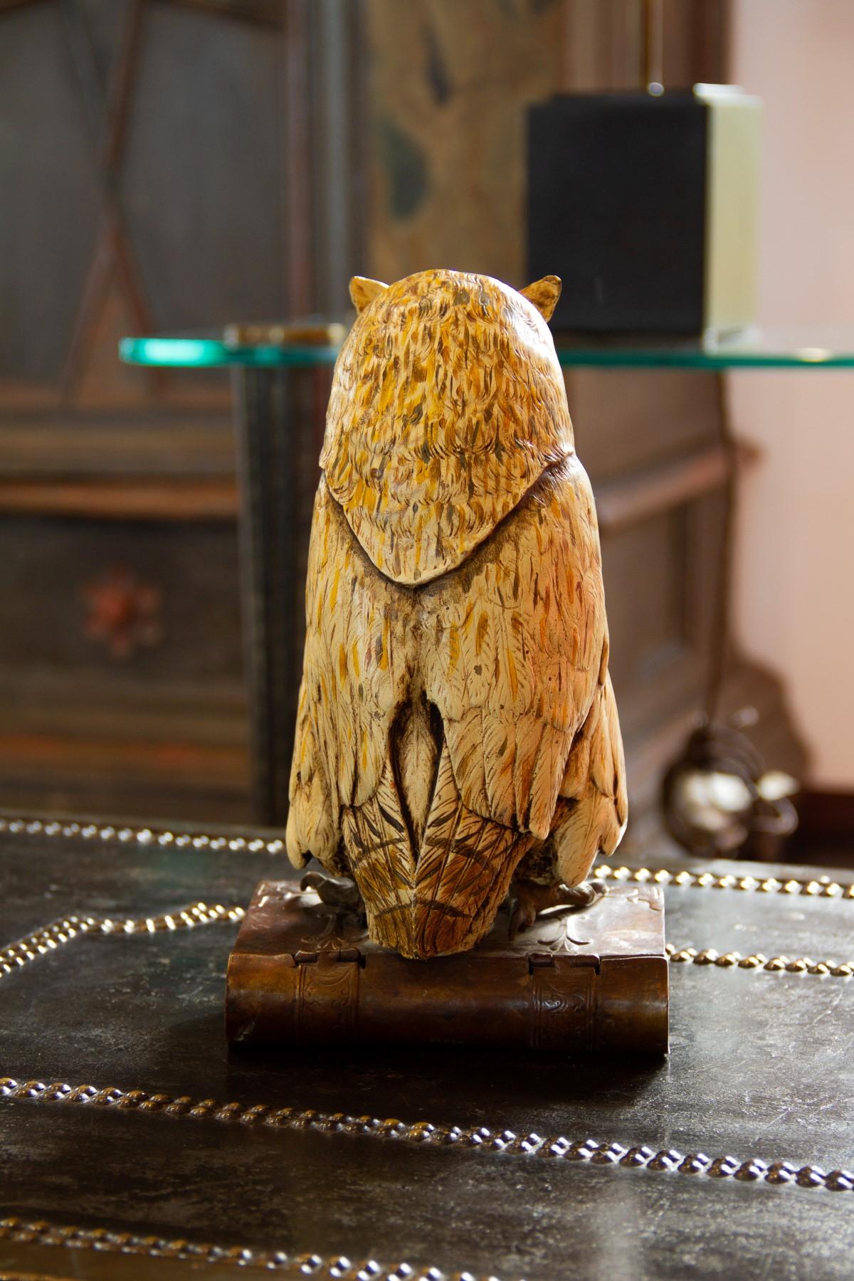19th Century Cold Painted Bronze Sculpture of an Owl, Stamped 'BERGM', 
