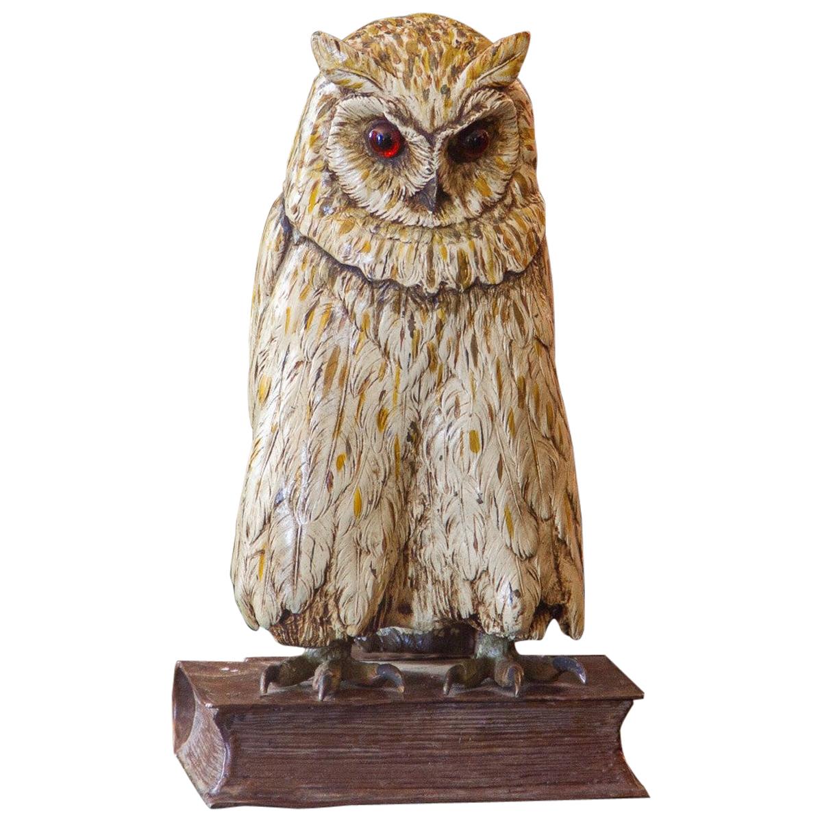 Cold Painted Bronze Sculpture of an Owl, Stamped 'BERGM', 