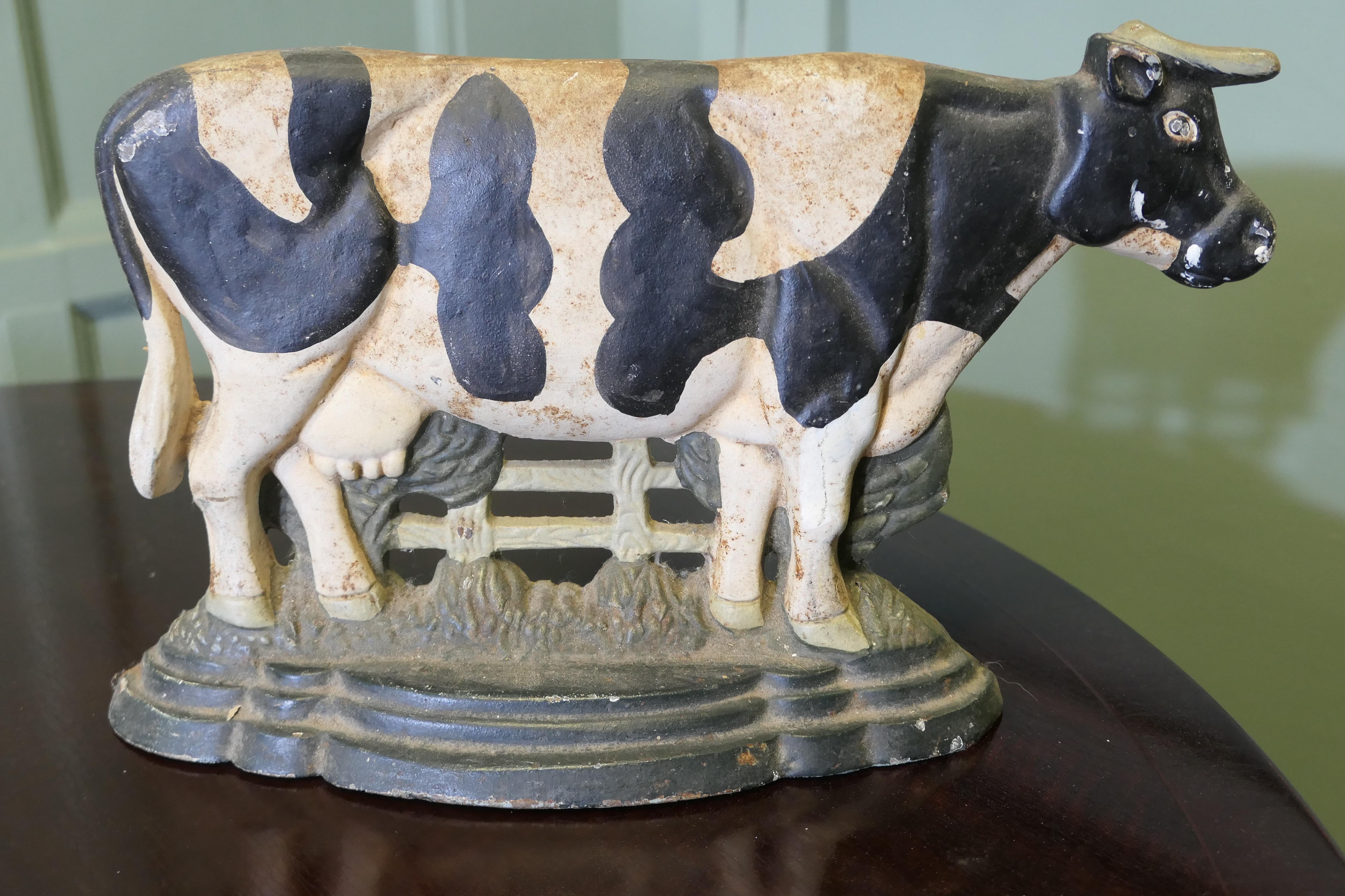 Country Cold Painted Cast Iron Door Stop, Cow at the Gate  Needless to say a heavy piece For Sale