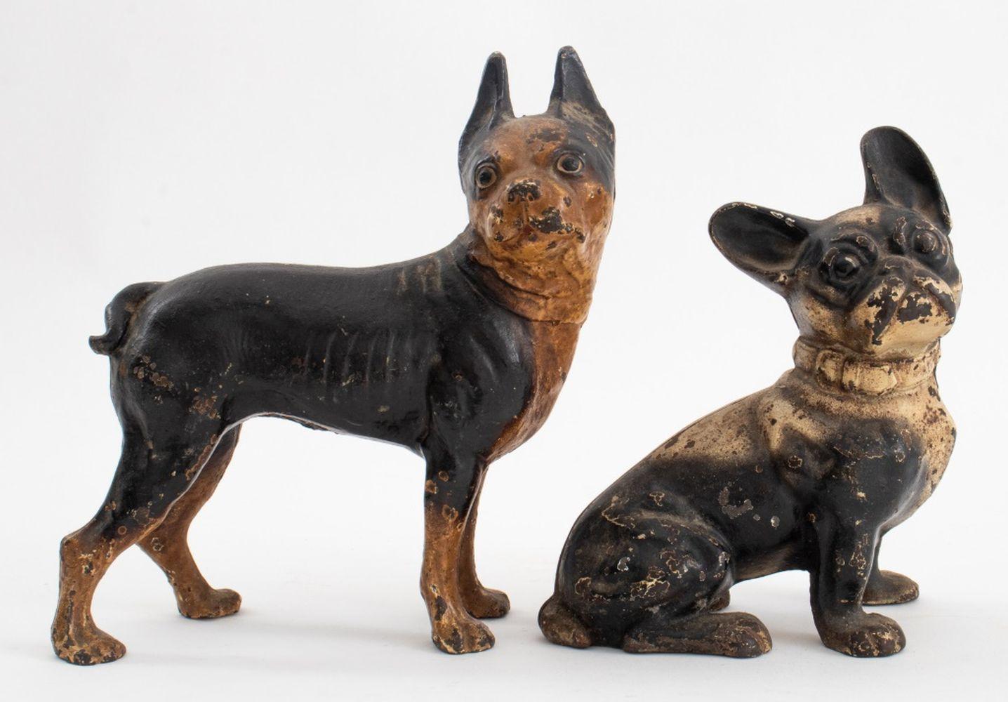 Two Cold-Painted Cast Iron Boston Terrier Form Doorstops, one pooch standing, one dog seated. Taller: 9