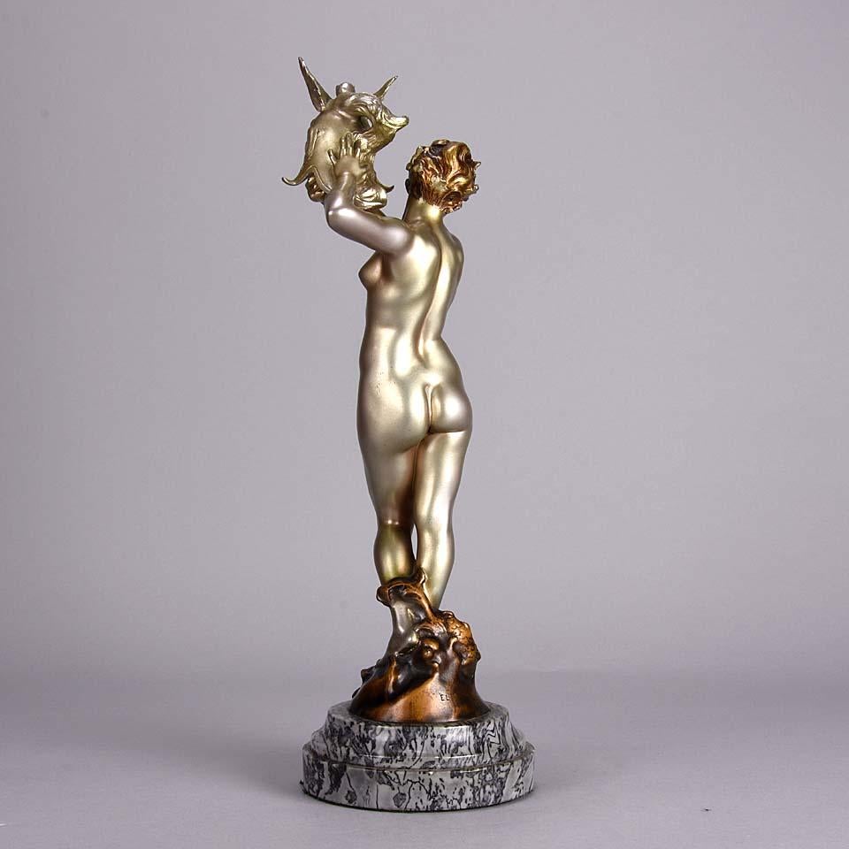 Early 20th Century Cold Painted French Art Deco Bronze 'Dragon Warrior' by Emmanuel Hannaux