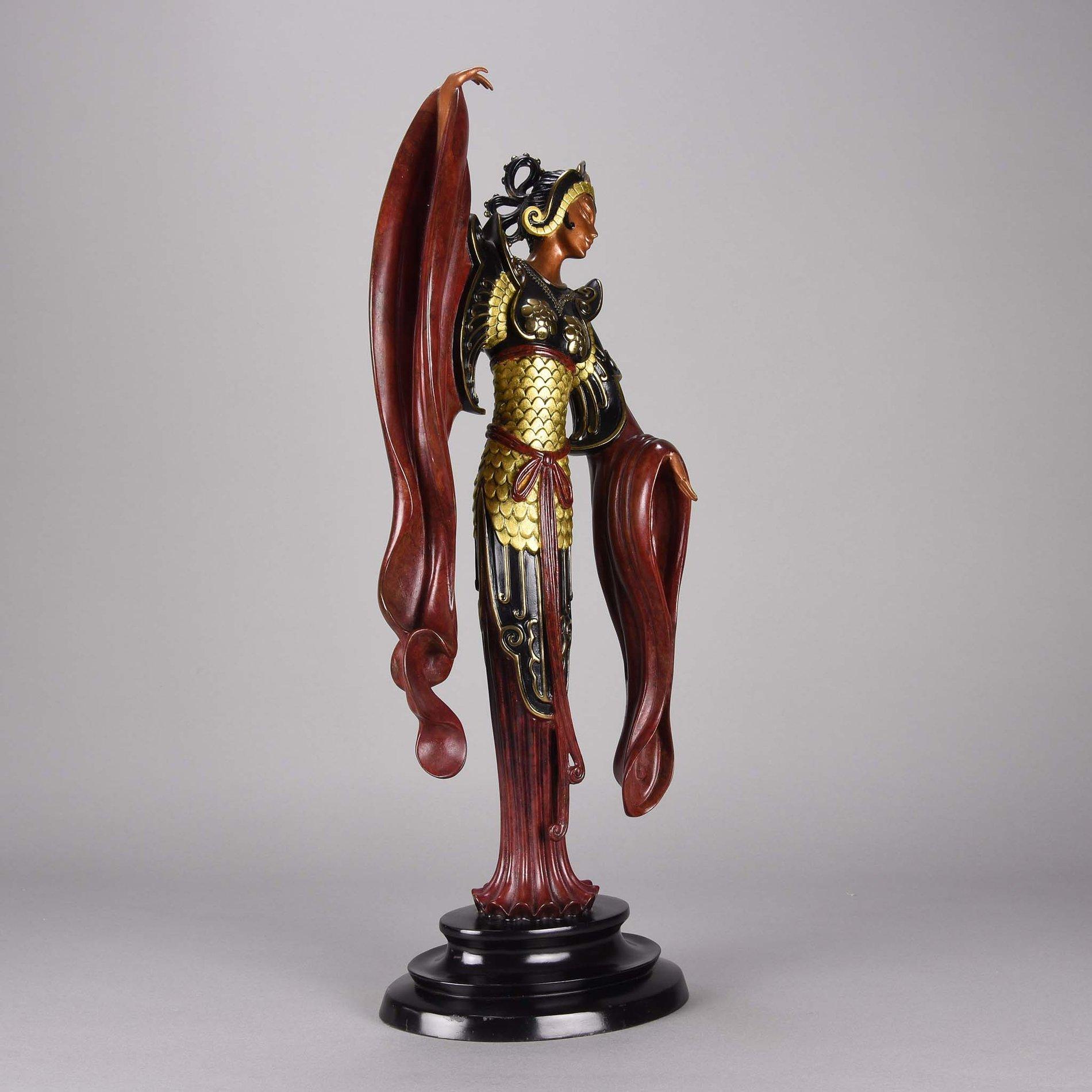 An eye-catching limited edition cold painted Art Deco bronze figure of an elegant beauty in a full length costume resembling a Fenghuang. The bronze surface with excellent color and detail, signed Erté, numbered 50/500, dated 1988 and with foundry