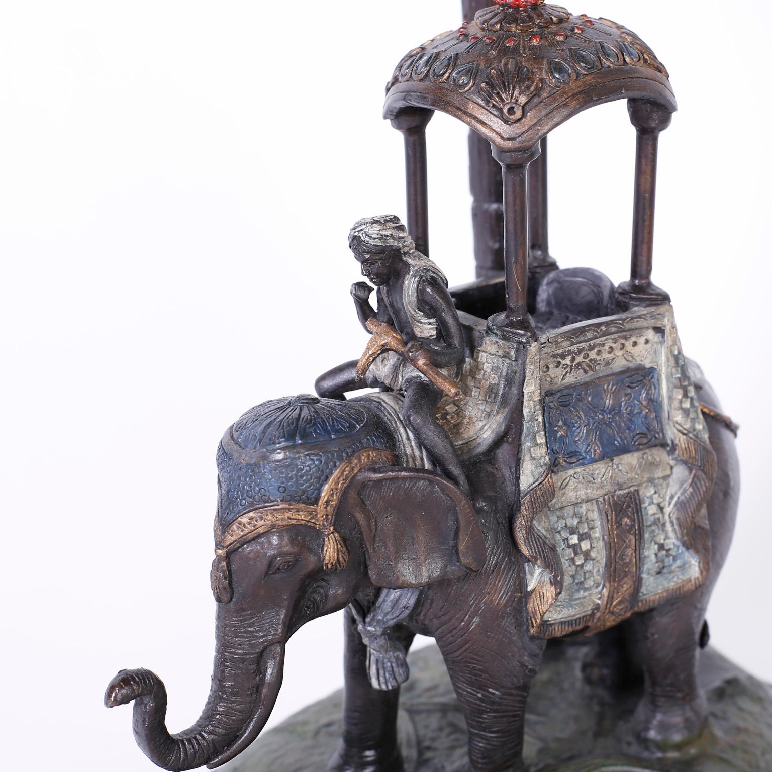 Cold-Painted Cold Painted Metal Figure of an Elephant under a Palm Tree For Sale