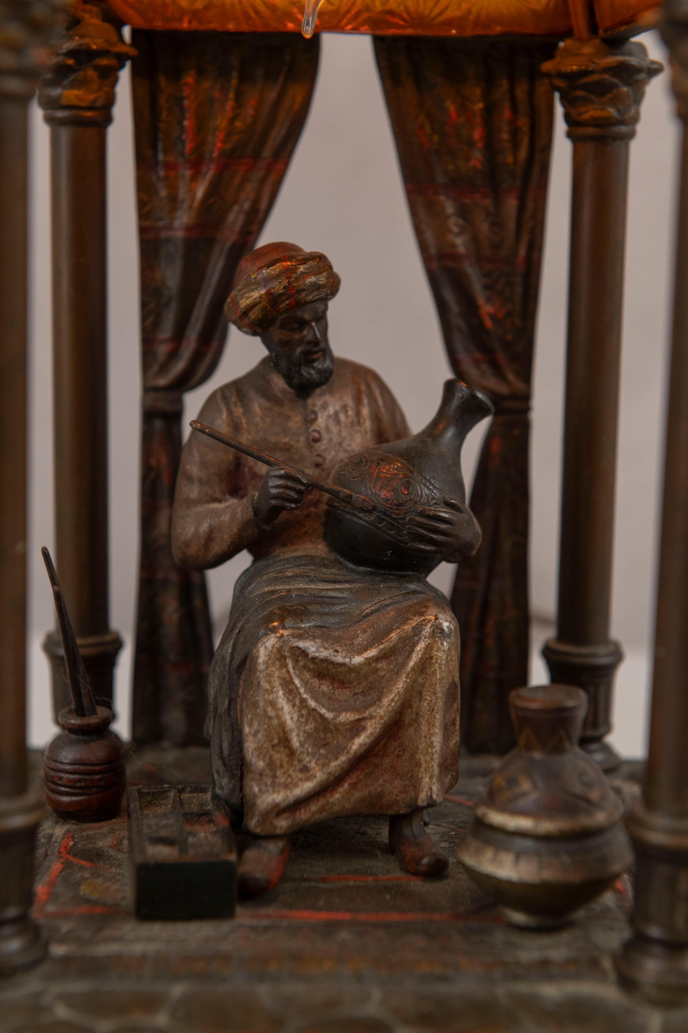 Cast Cold Painted Orientalist Vienna Bronze Lamp, Artist Seated Working, Attr Bergman For Sale