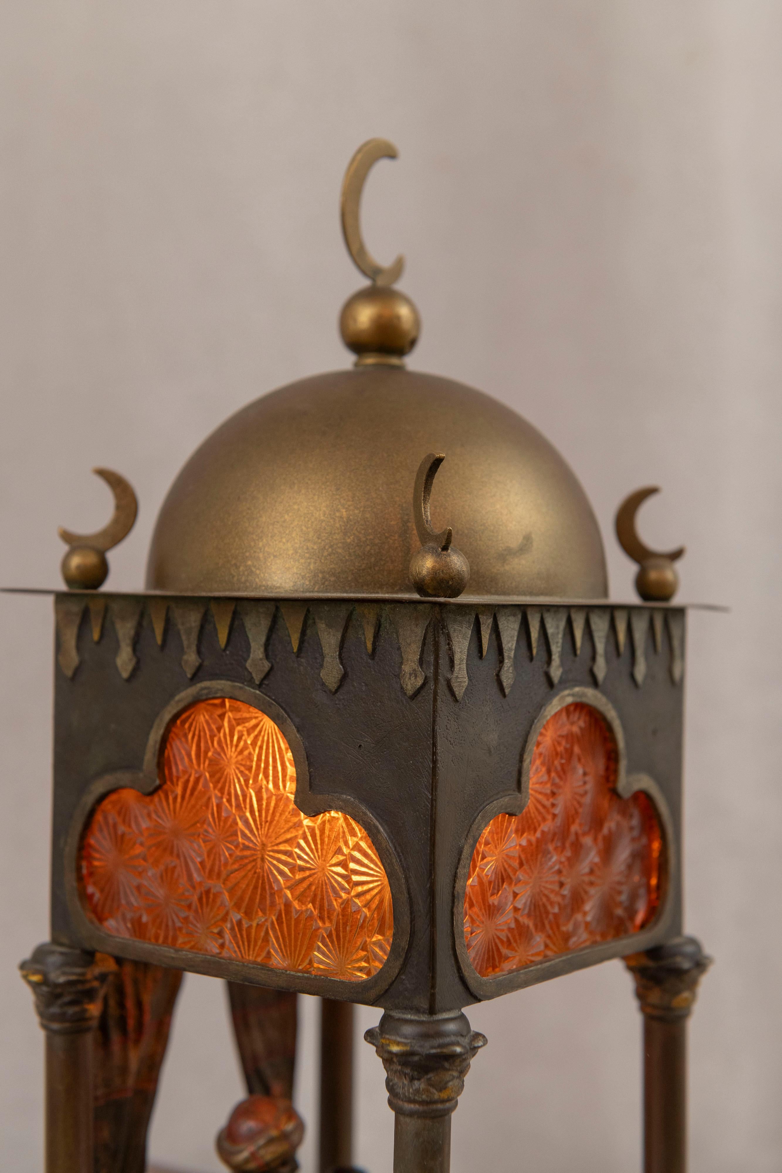 20th Century Cold Painted Orientalist Vienna Bronze Lamp, Artist Seated Working, Attr Bergman For Sale
