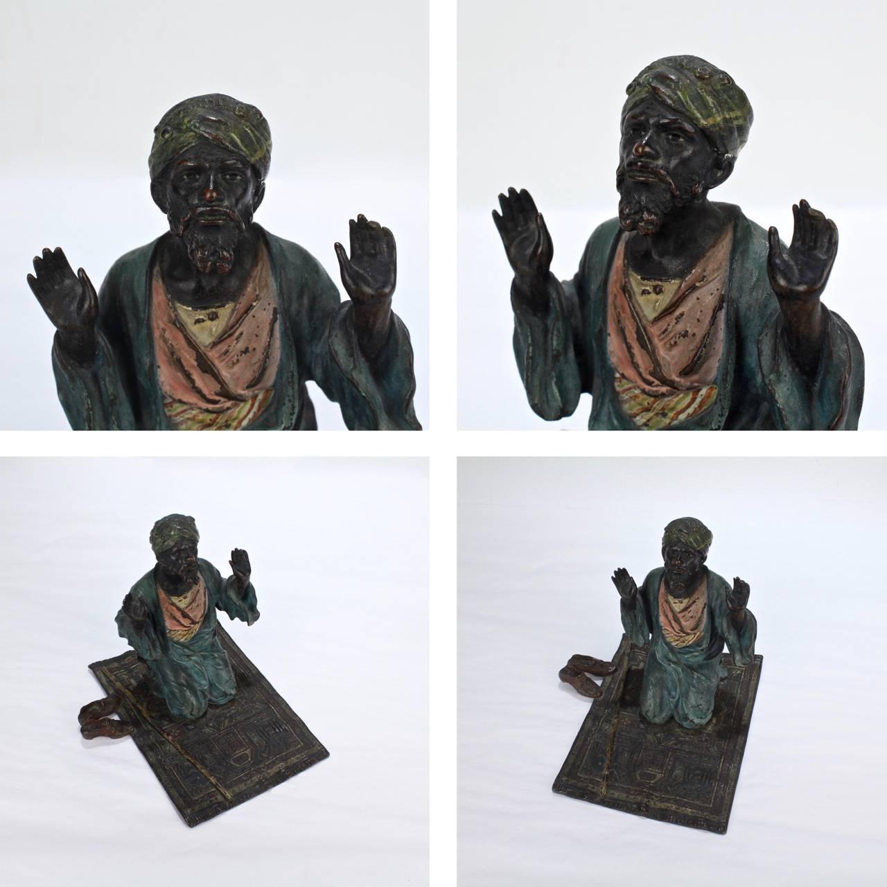 Cold Painted Orientalist Vienna Bronze of an Arab Man in Prayer by Franz Bergman In Good Condition In Philadelphia, PA