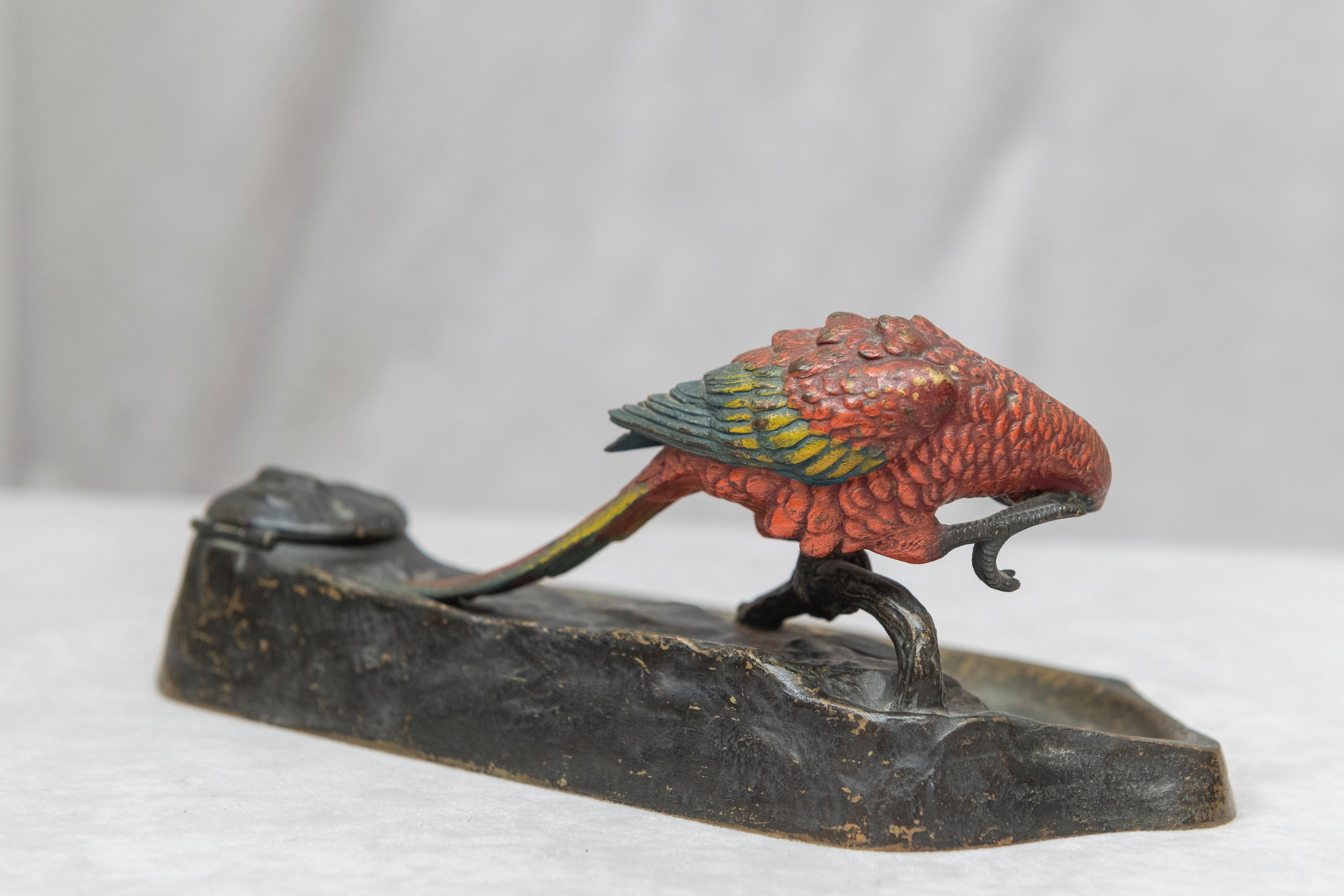 Cold Painted Vienna Bronze 2-Piece Desk Set with Parrots, circa 1910 In Good Condition In Petaluma, CA