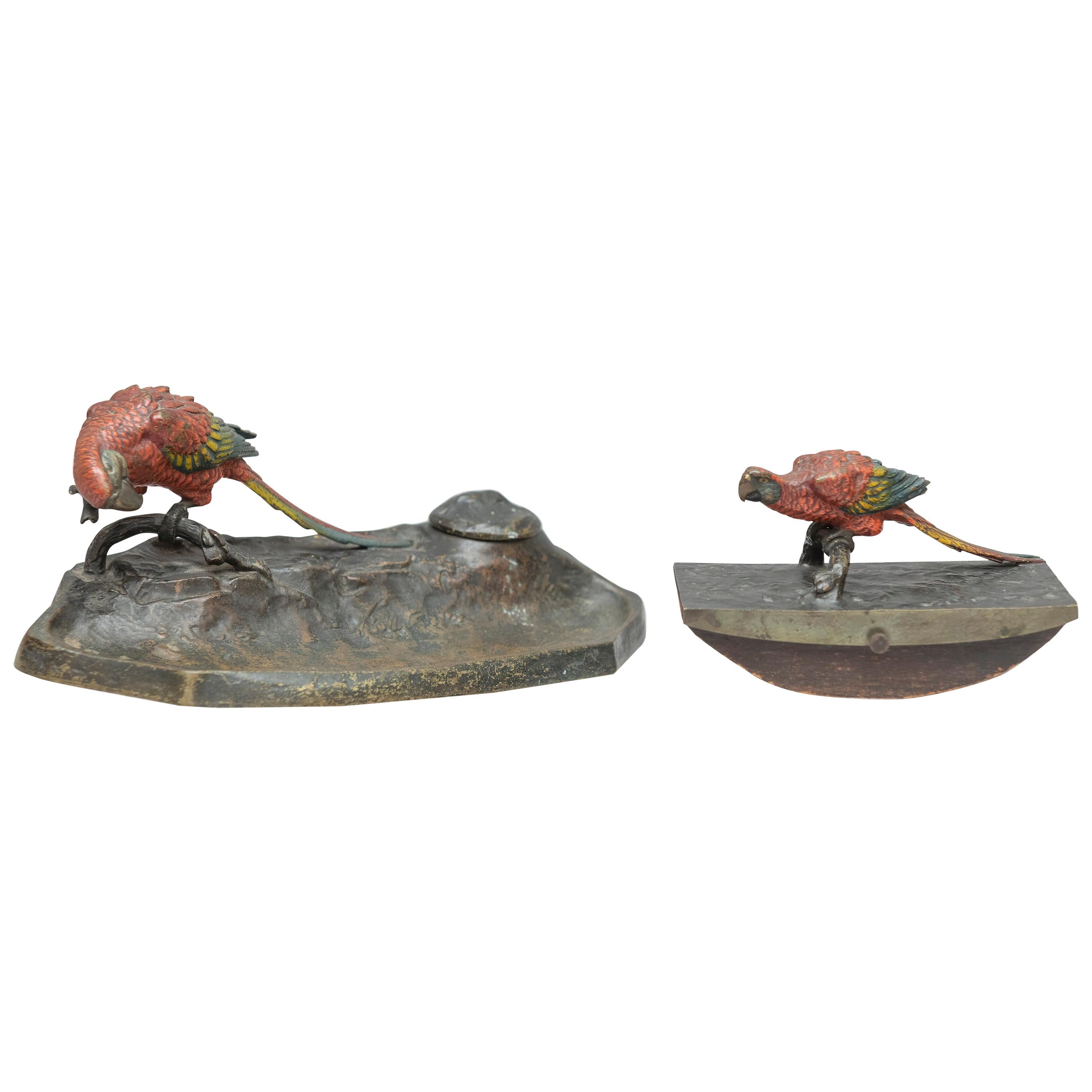 Cold Painted Vienna Bronze 2-Piece Desk Set with Parrots, circa 1910