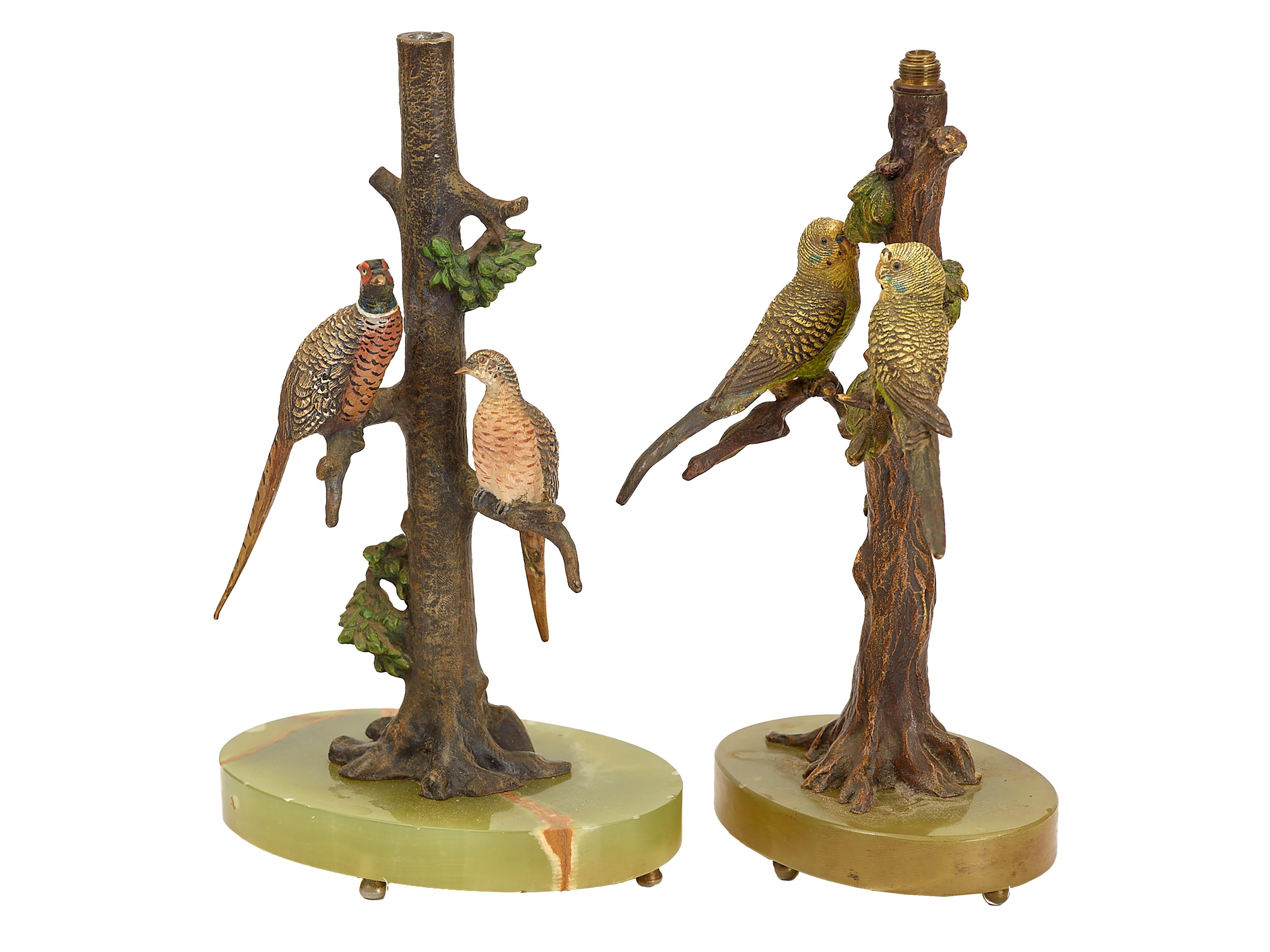 Vienna Secession Cold painted Vienna bronze birds - lamp supports on onyx bases For Sale