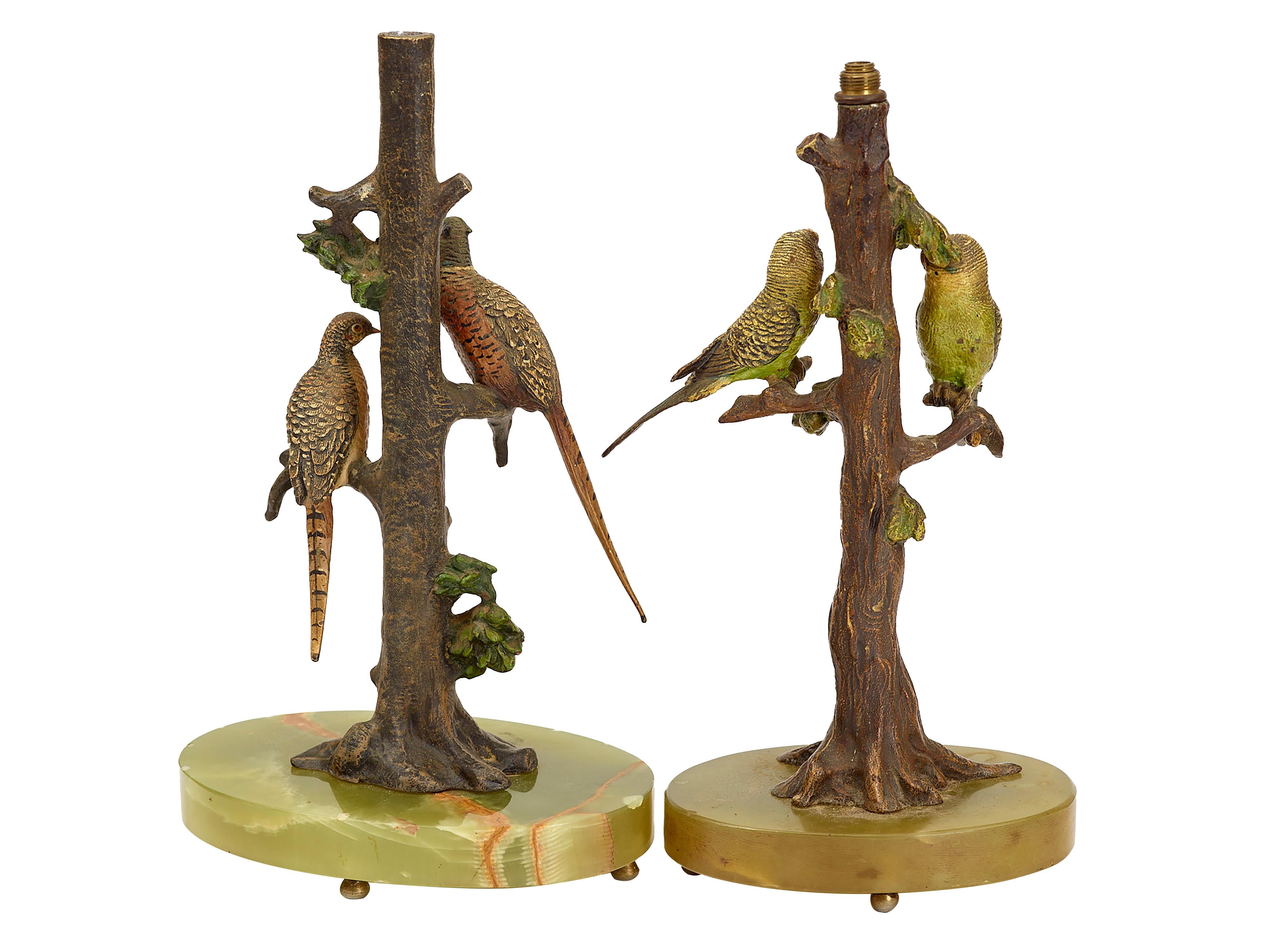 German Cold painted Vienna bronze birds - lamp supports on onyx bases For Sale