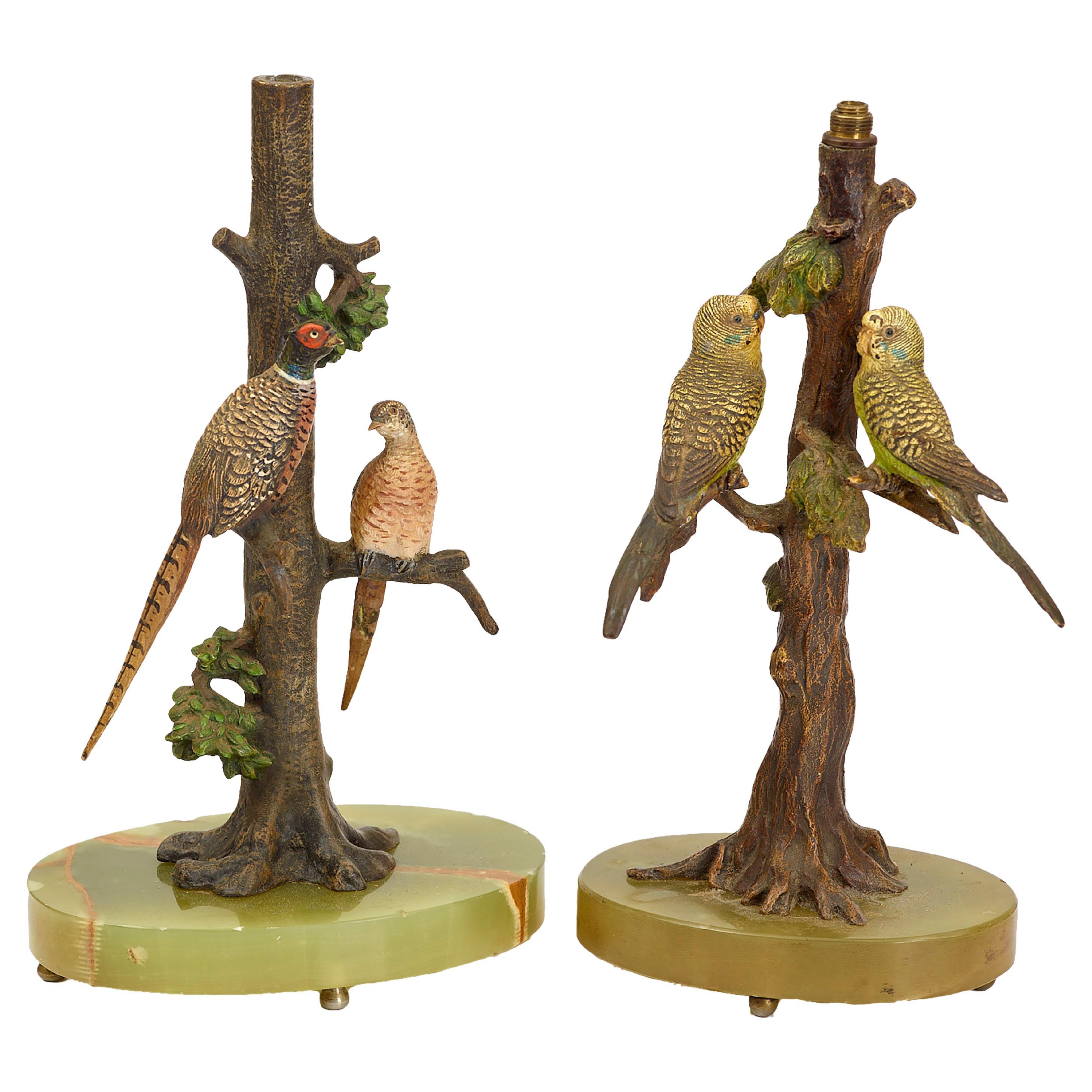 Cold painted Vienna bronze birds - lamp supports on onyx bases For Sale