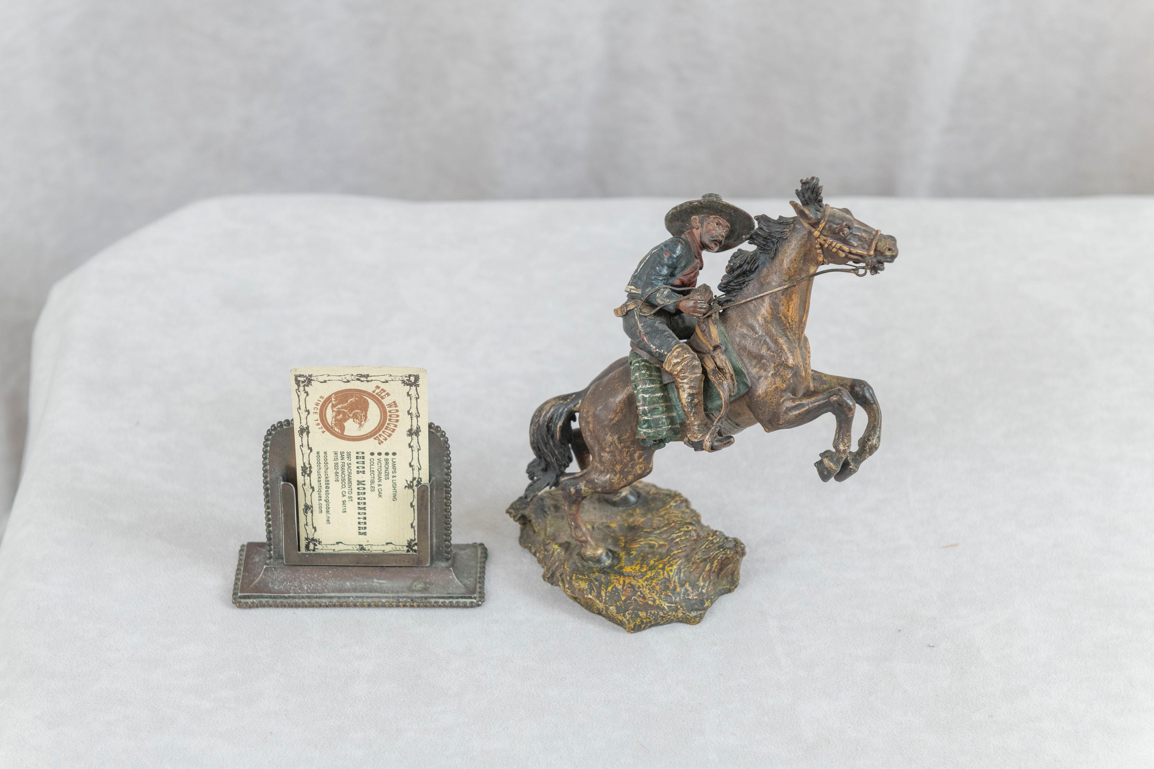 This well modeled richly and meticulously painted figure of a caballero on horseback, while unsigned is most definitely attributed to the great sculptor, Carl Kauba. 
 If you are not familiar with Kauba's work, we encourage you to research and see