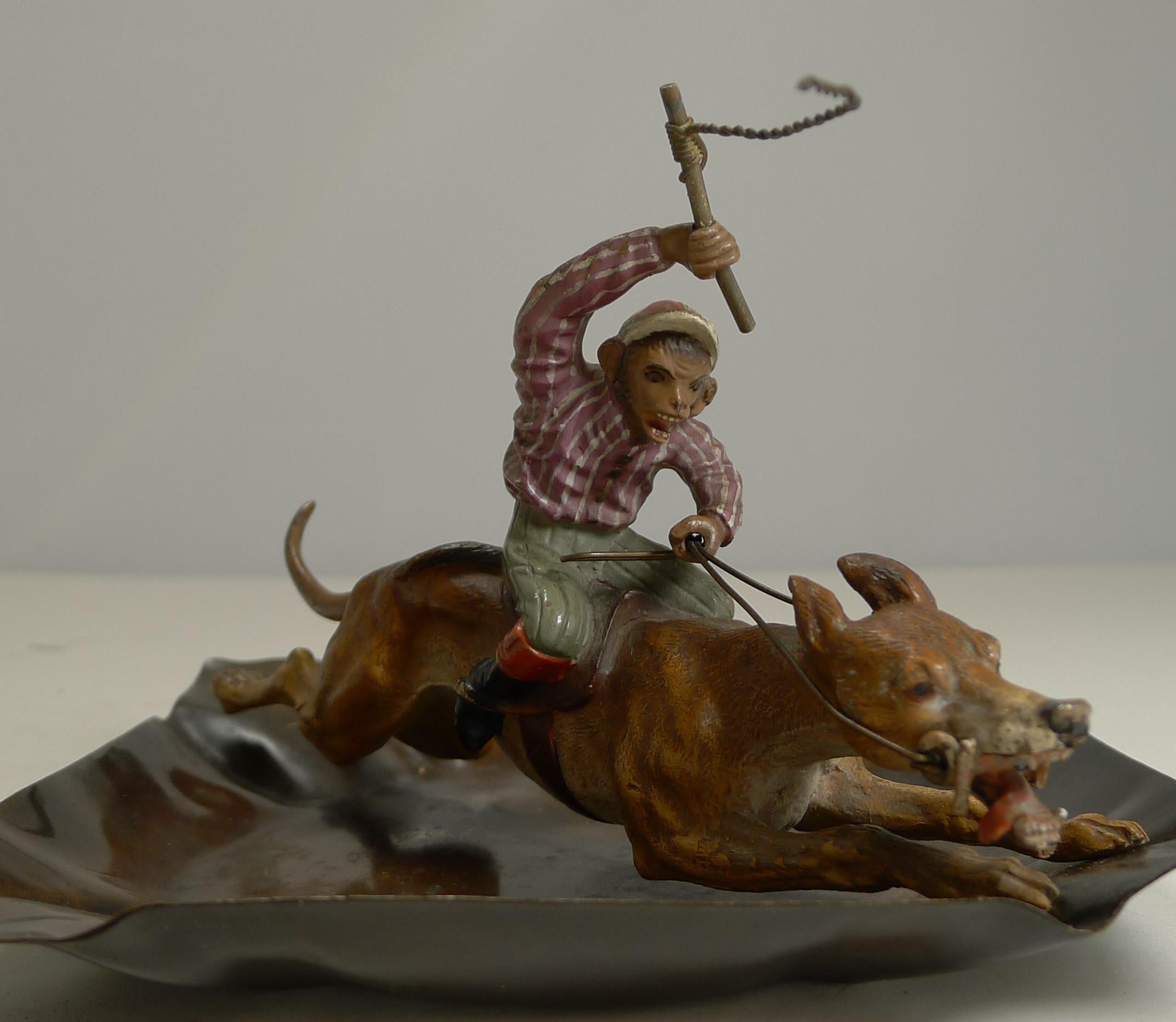 Edwardian Cold Painted Vienna Bronze Dish, 'Monkey Racing a Greyhound, ' circa 1900 For Sale