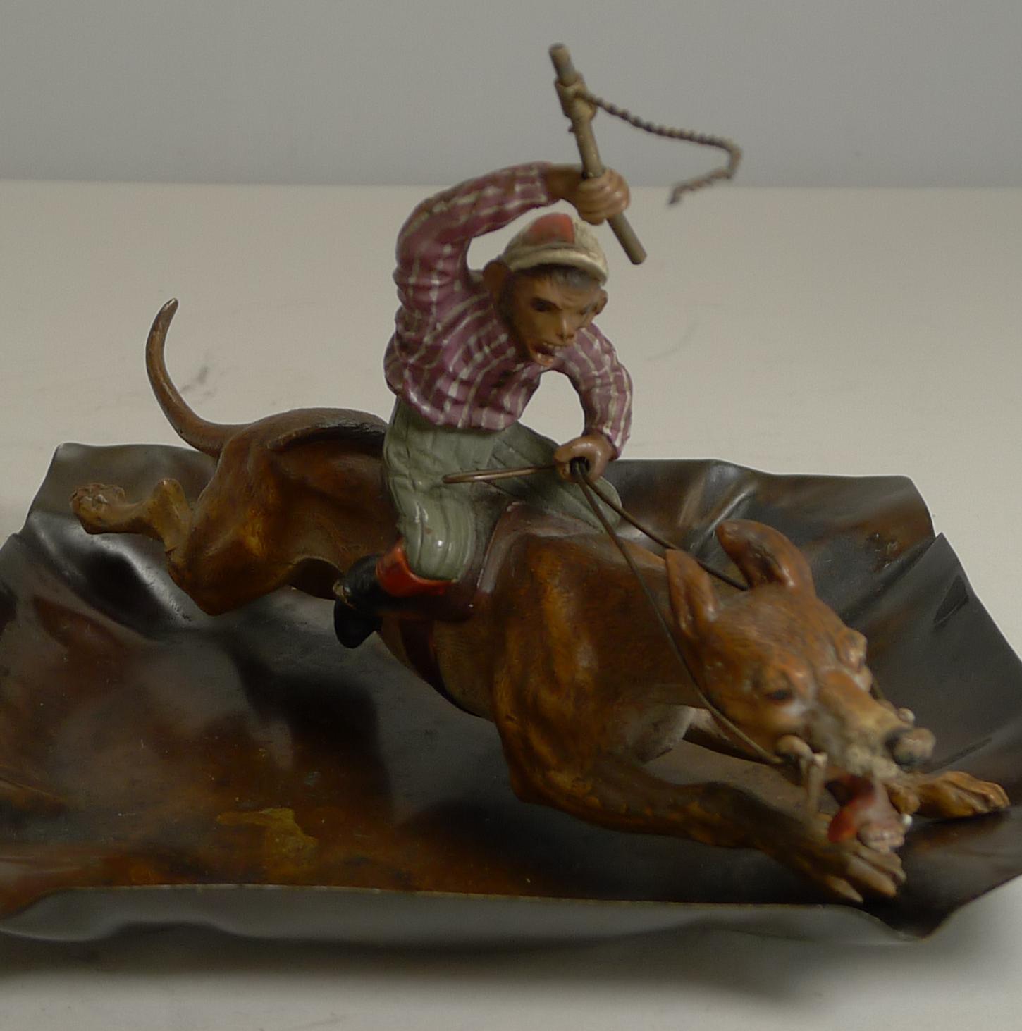 Austrian Cold Painted Vienna Bronze Dish, 'Monkey Racing a Greyhound, ' circa 1900 For Sale