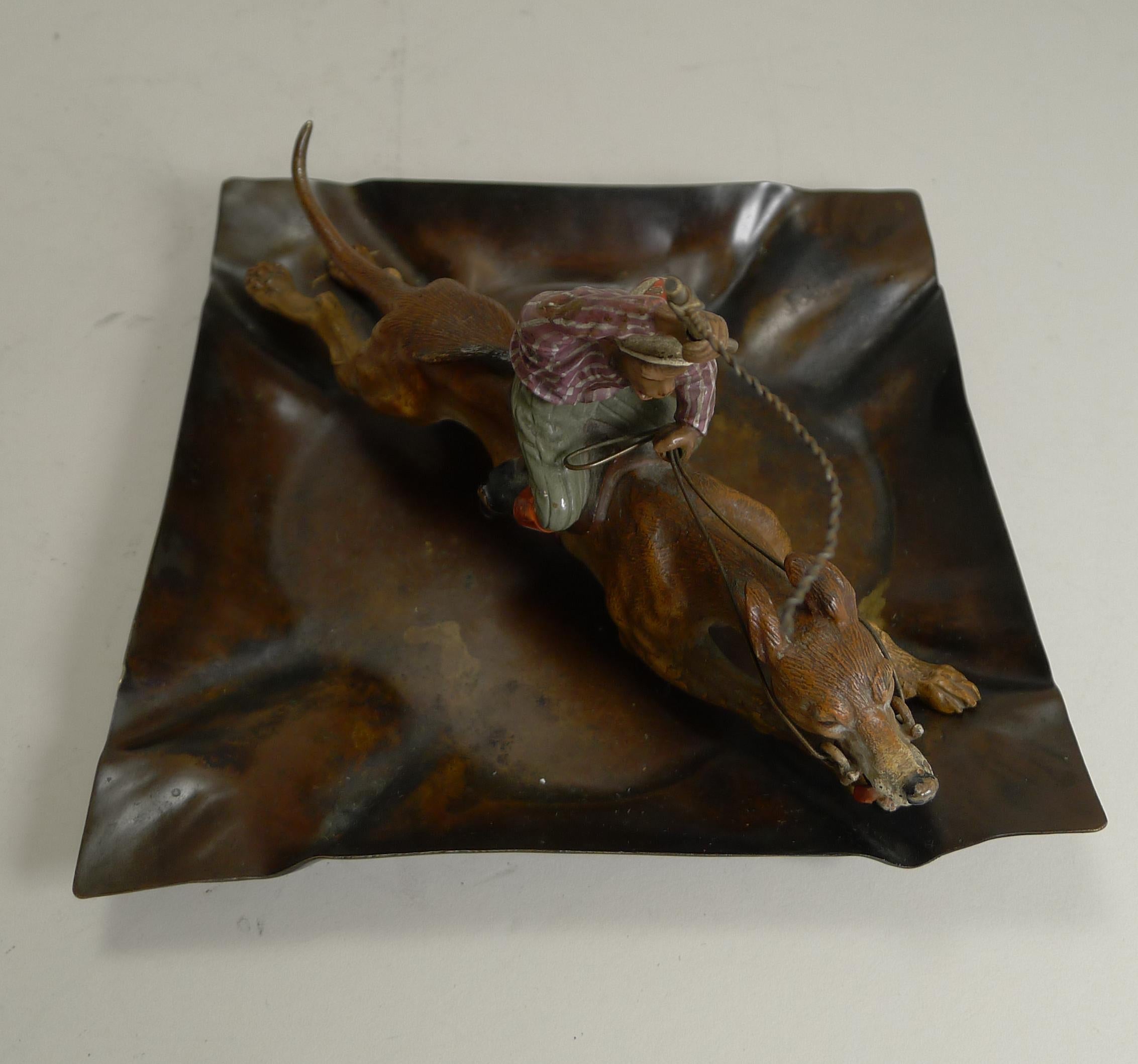 Cold-Painted Cold Painted Vienna Bronze Dish, 'Monkey Racing a Greyhound, ' circa 1900 For Sale