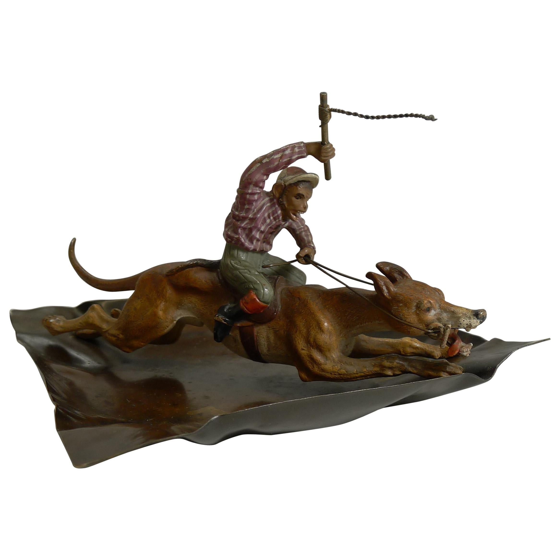 Cold Painted Vienna Bronze Dish, 'Monkey Racing a Greyhound, ' circa 1900 For Sale