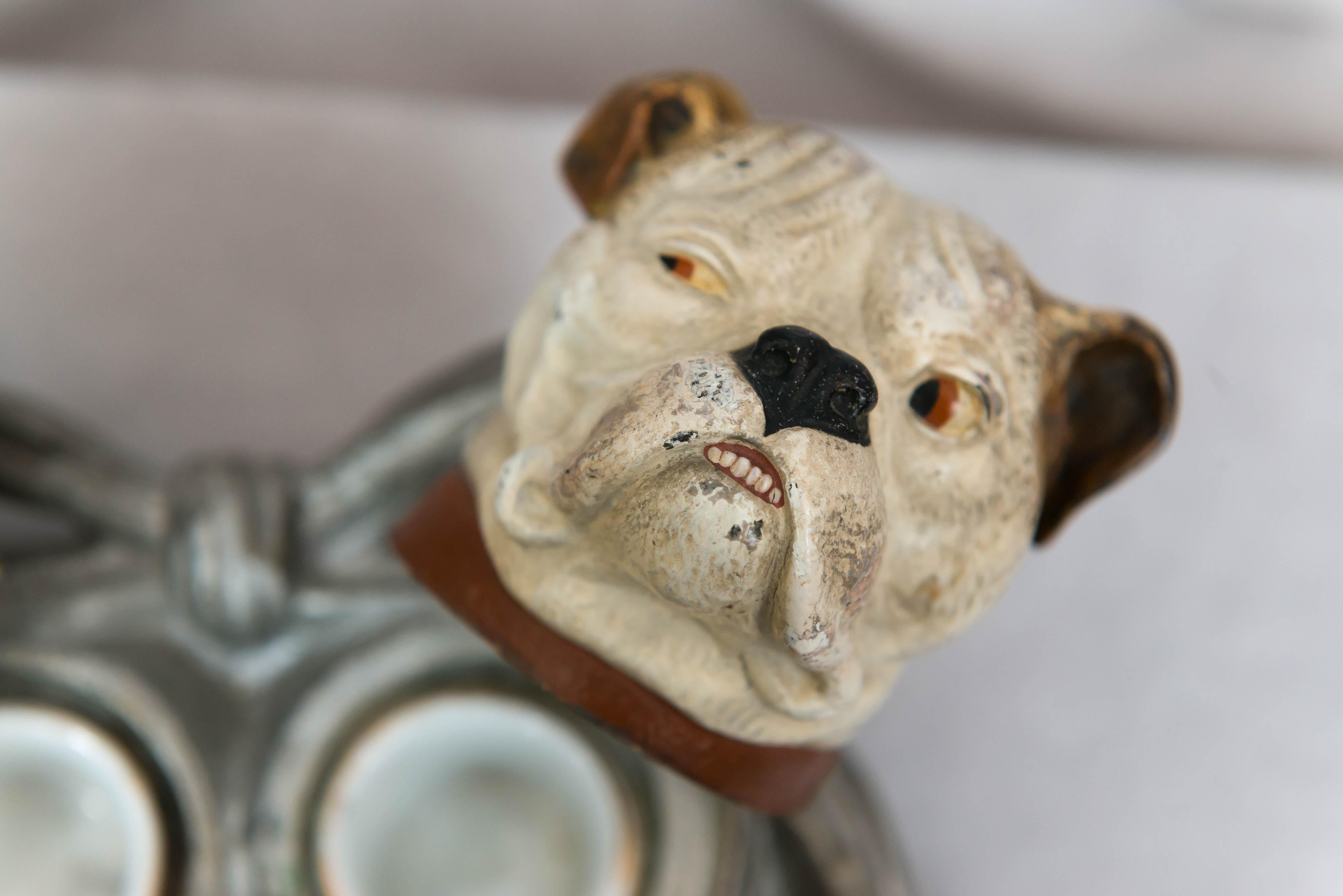 Cold Painted Vienna Bronze Group, Man & His English Bulldog Dining In Excellent Condition In Petaluma, CA