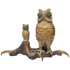 Antique Cold Painted Vienna Bronze Inkwell, 2 Owls, Mother and Baby, circa 1910