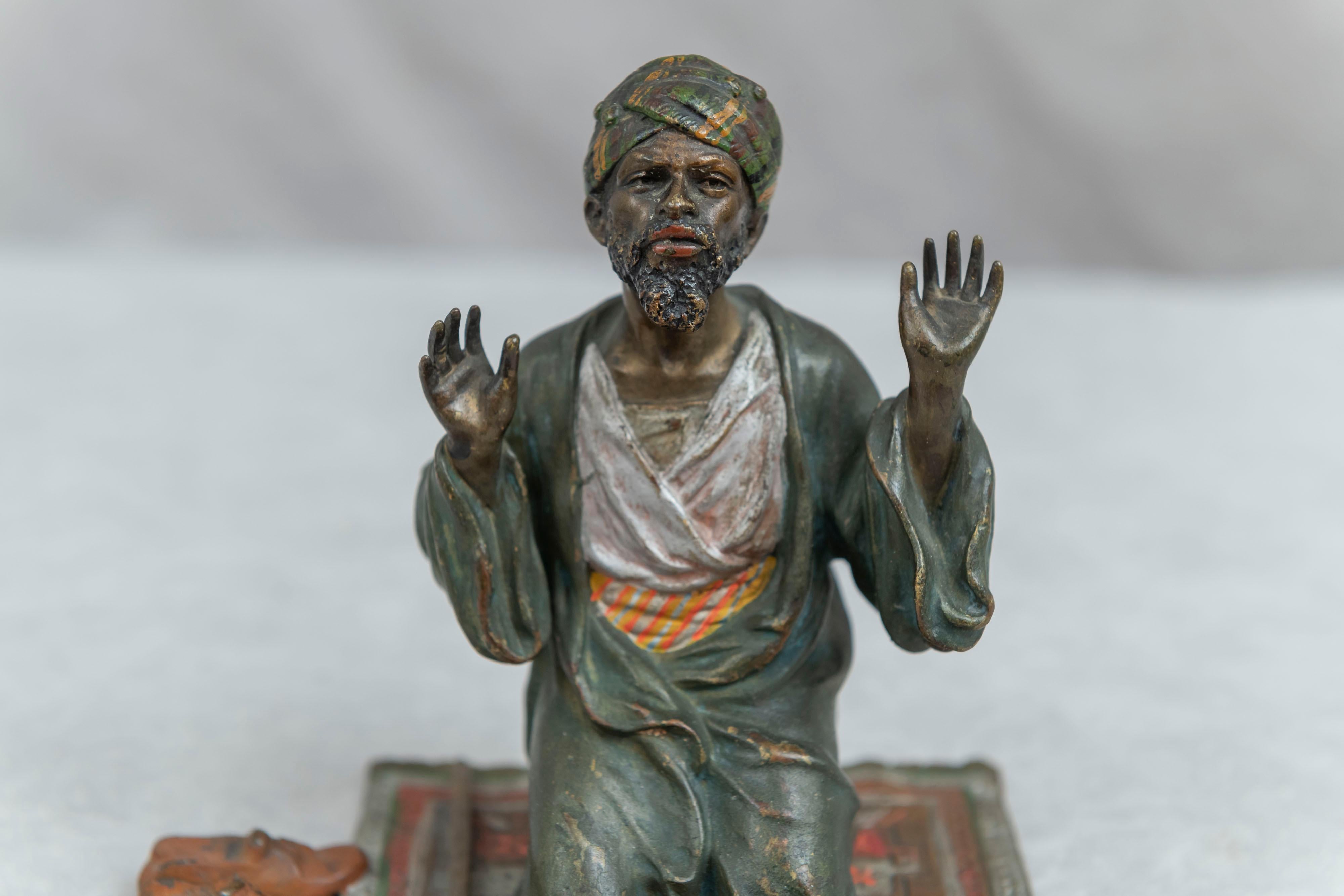 Cold Painted Vienna Bronze Orientalist Man on Prayer Rug, Bergmann Foundry 3