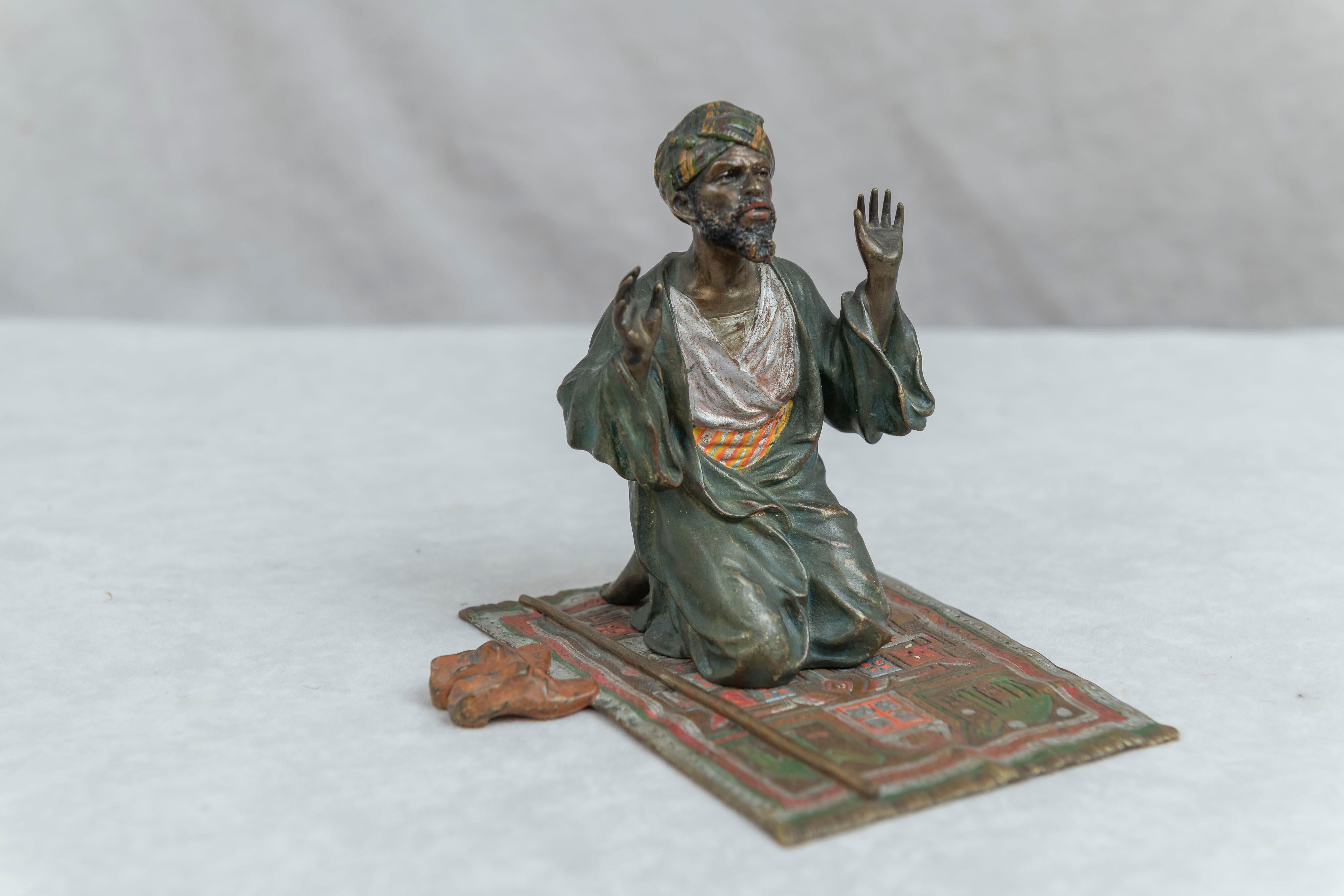 Moorish Cold Painted Vienna Bronze Orientalist Man on Prayer Rug, Bergmann Foundry